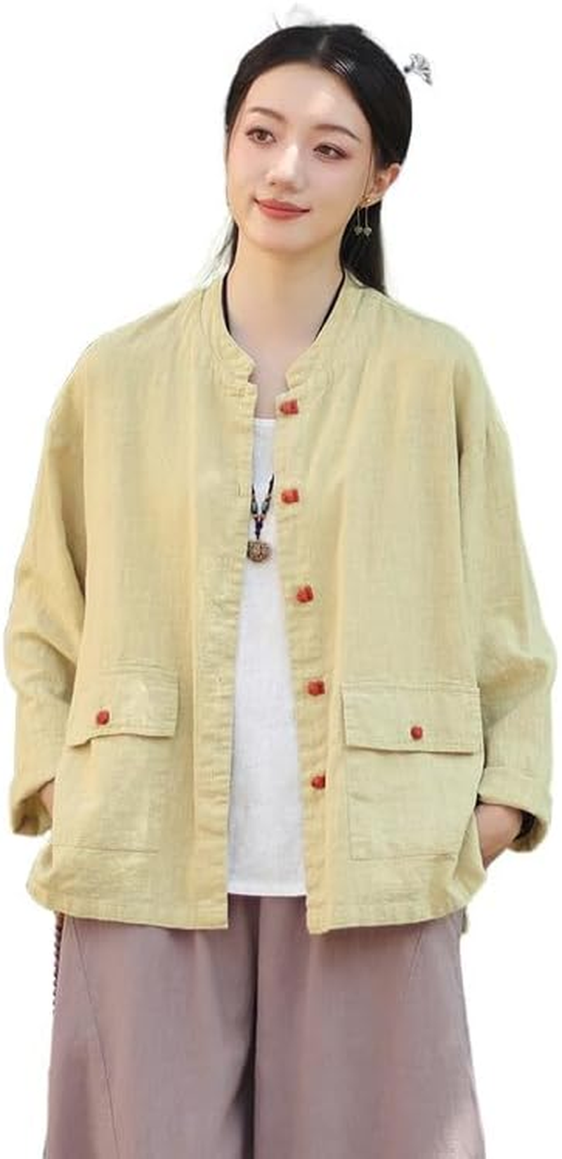 Women'S Vintage Linen Cotton Jacket Chinese Style Button-Down Cardigan Blouse Autumn