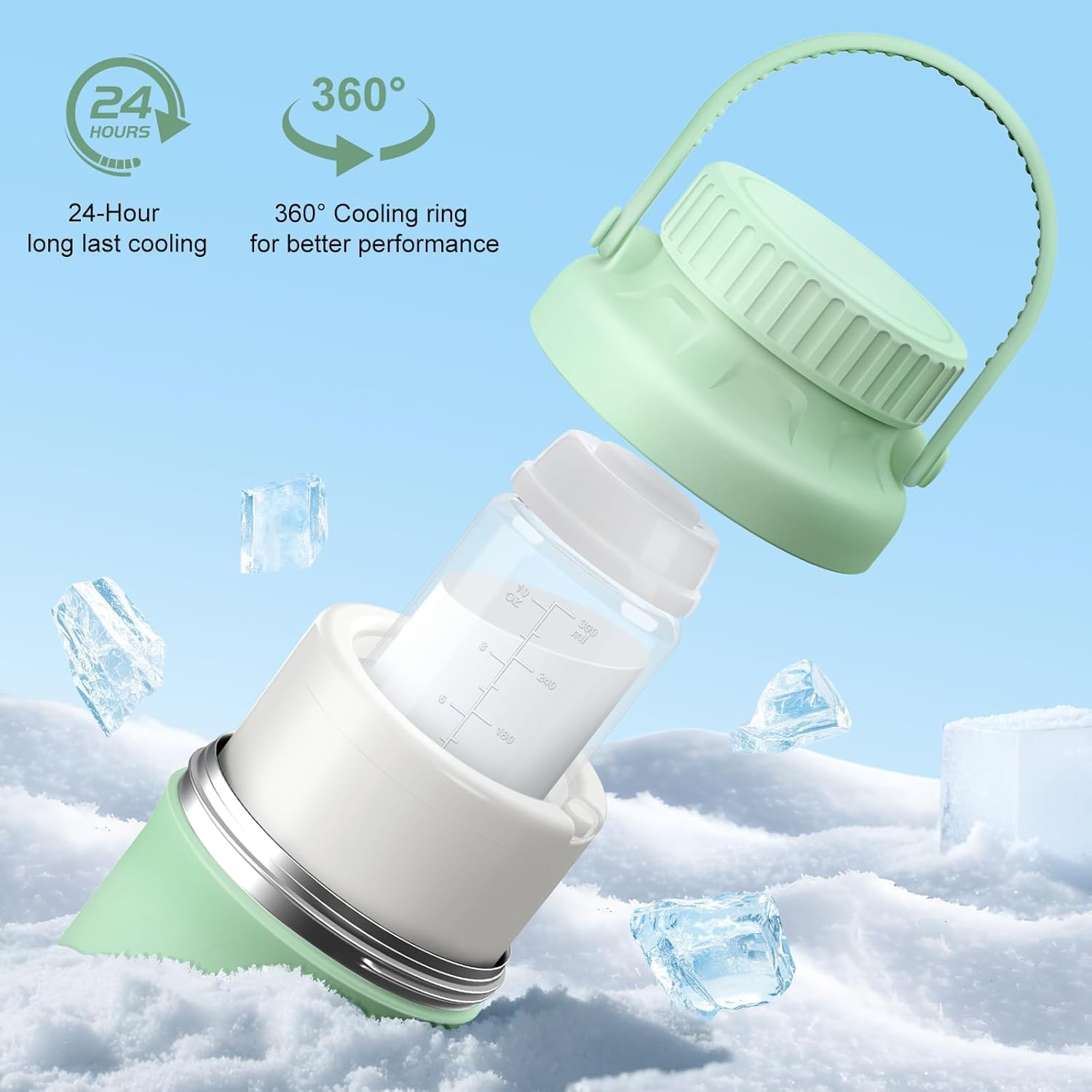 Forubar 600Ml Portable Breast Milk Cooler, Breastmilk Cooler Bottle 360&deg; Total Cooling for 24 Hours with 2Pcs Baby Bottles for Breastmilk Storage image number 5
