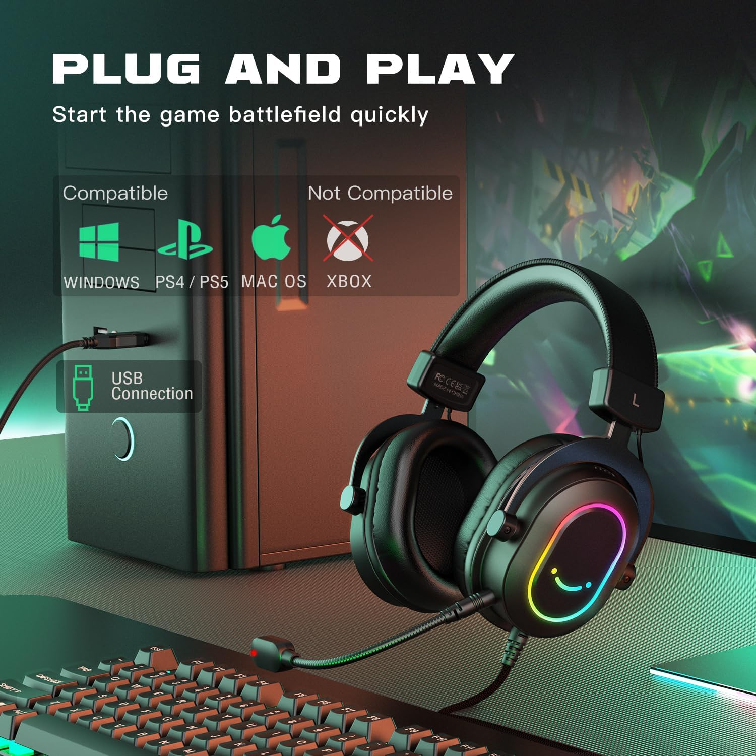 Fifine Gaming Headset for Pc-Wired Headphones with Microphone-7.1 Surround Sound Computer USB Headset for Laptop, Streaming Headphones on PS4/PS5, with EQ Mode, RGB, Soft Ear Pads - Ampligame H6 image number 2