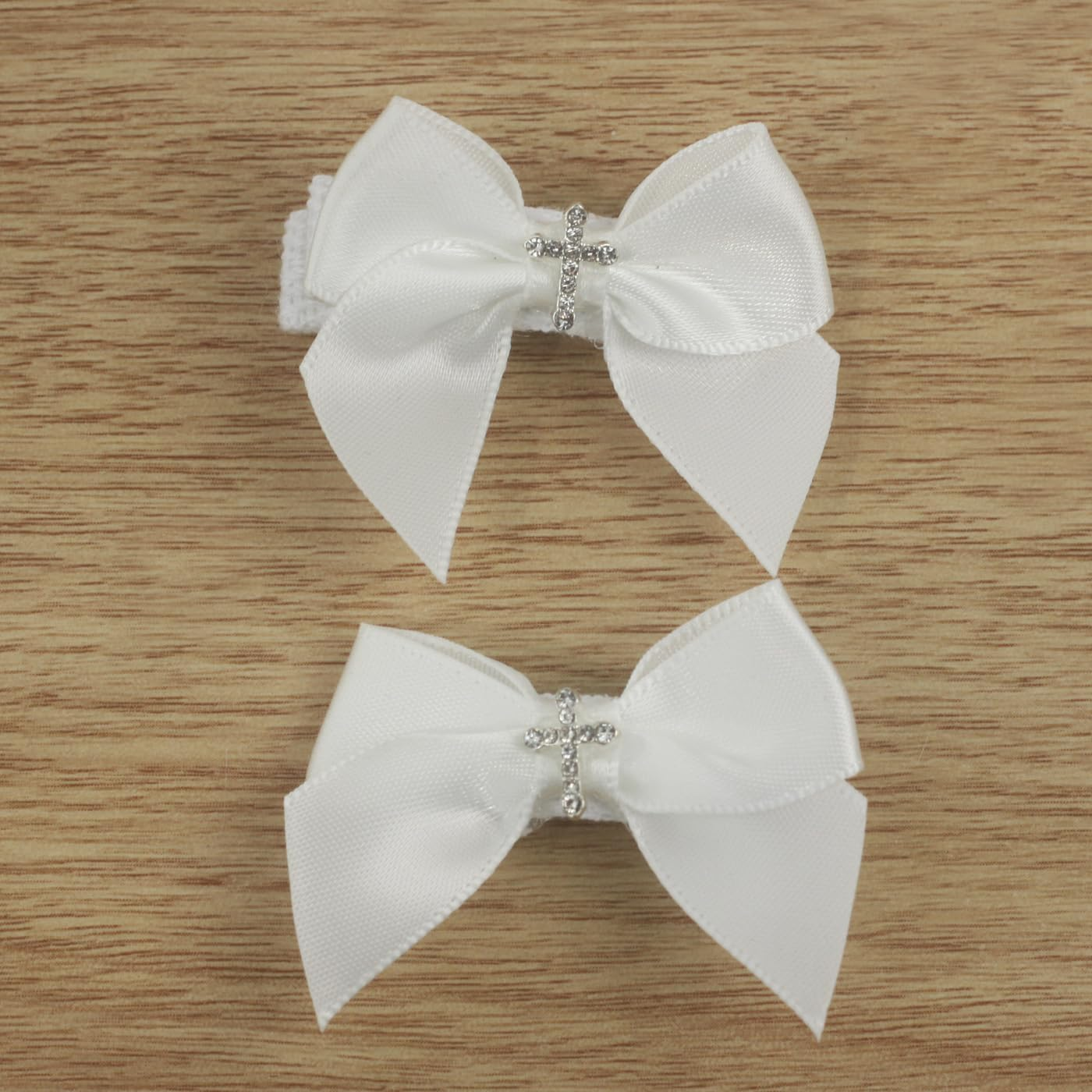 Baptism off White Satin 1.7 Inches Mini Bows with Delicate Cross Small 1.4 Inches Alligator Clip image number 1