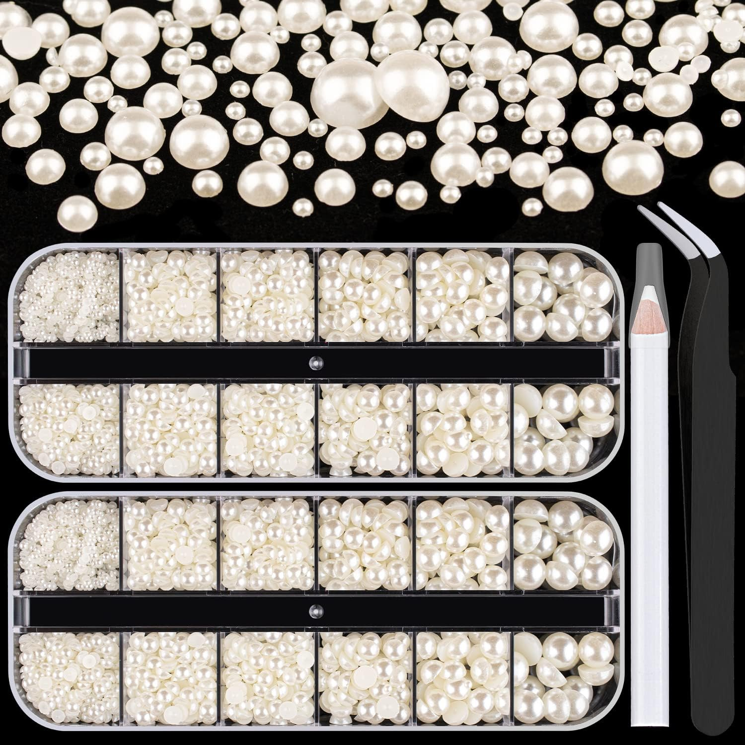 Belleboost Flat Back Pearls Kits 2 Boxes of Flatback White Half round Pearls with Pickup Pencil and Tweezer for Home DIY and Professional Nail Art, Face Makeup and Craft