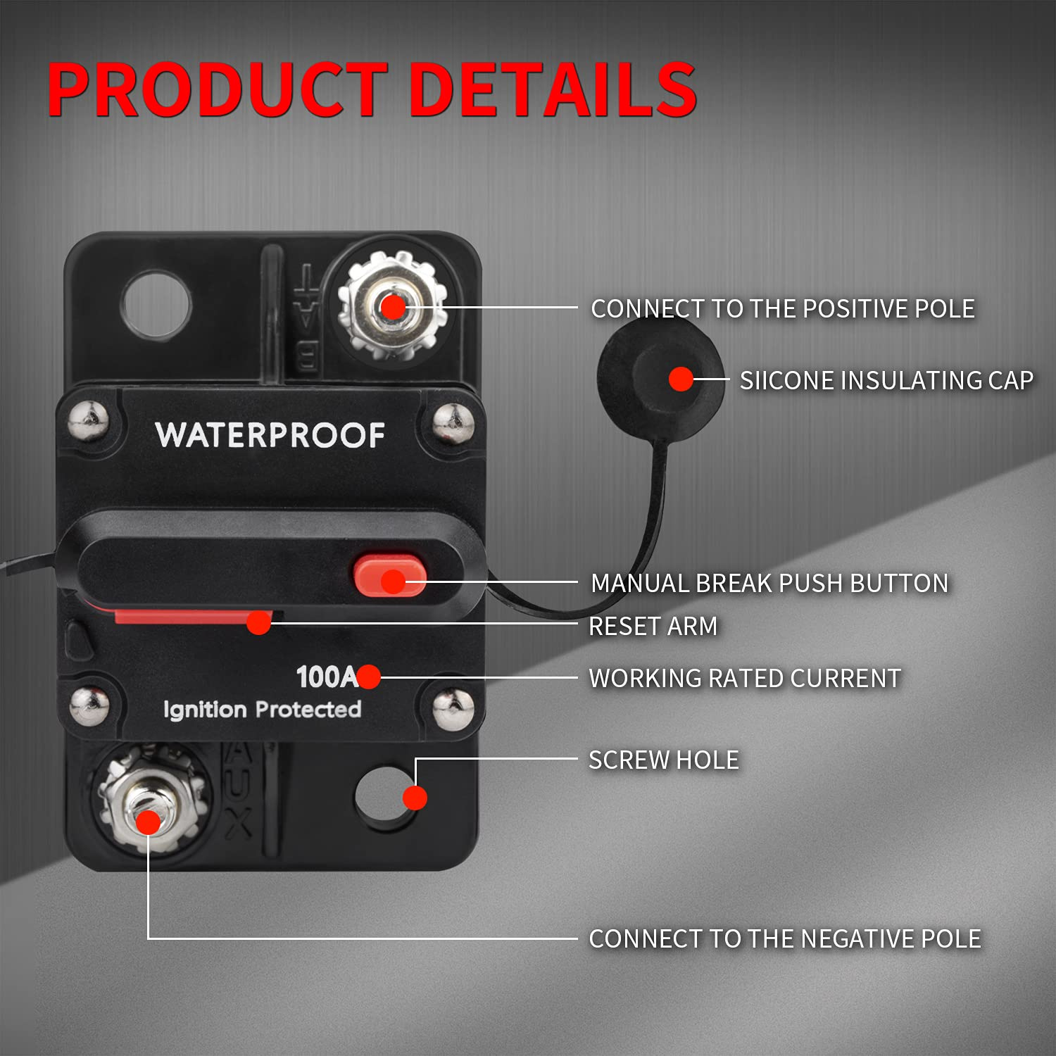 100 Amp Circuit Breaker,12V- 48V DC Circuit Breaker with Manual Reset Fuse for Trolling Motor Rv Marine Boat Vehicles System Protection Waterproof (100A) image number 3