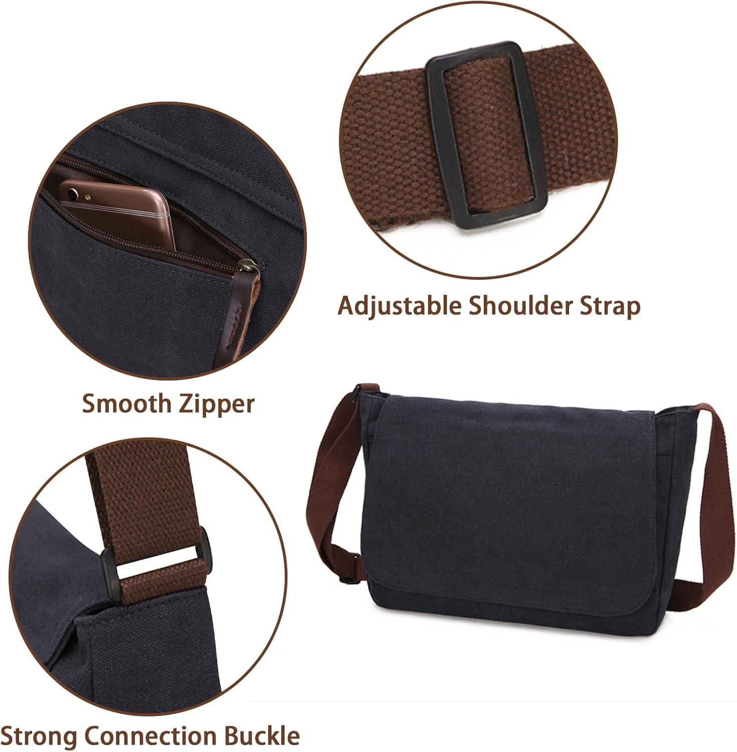 Lizbin Messenger Bag, Classic Vintage Messenger Bags, Canvas Messenger Bag, Shoulder Bag Crossbody Bag, Small Messenger Bag for Men Women, Crossbody Shoulder Bag Casual Work Bag (Black) image number 3