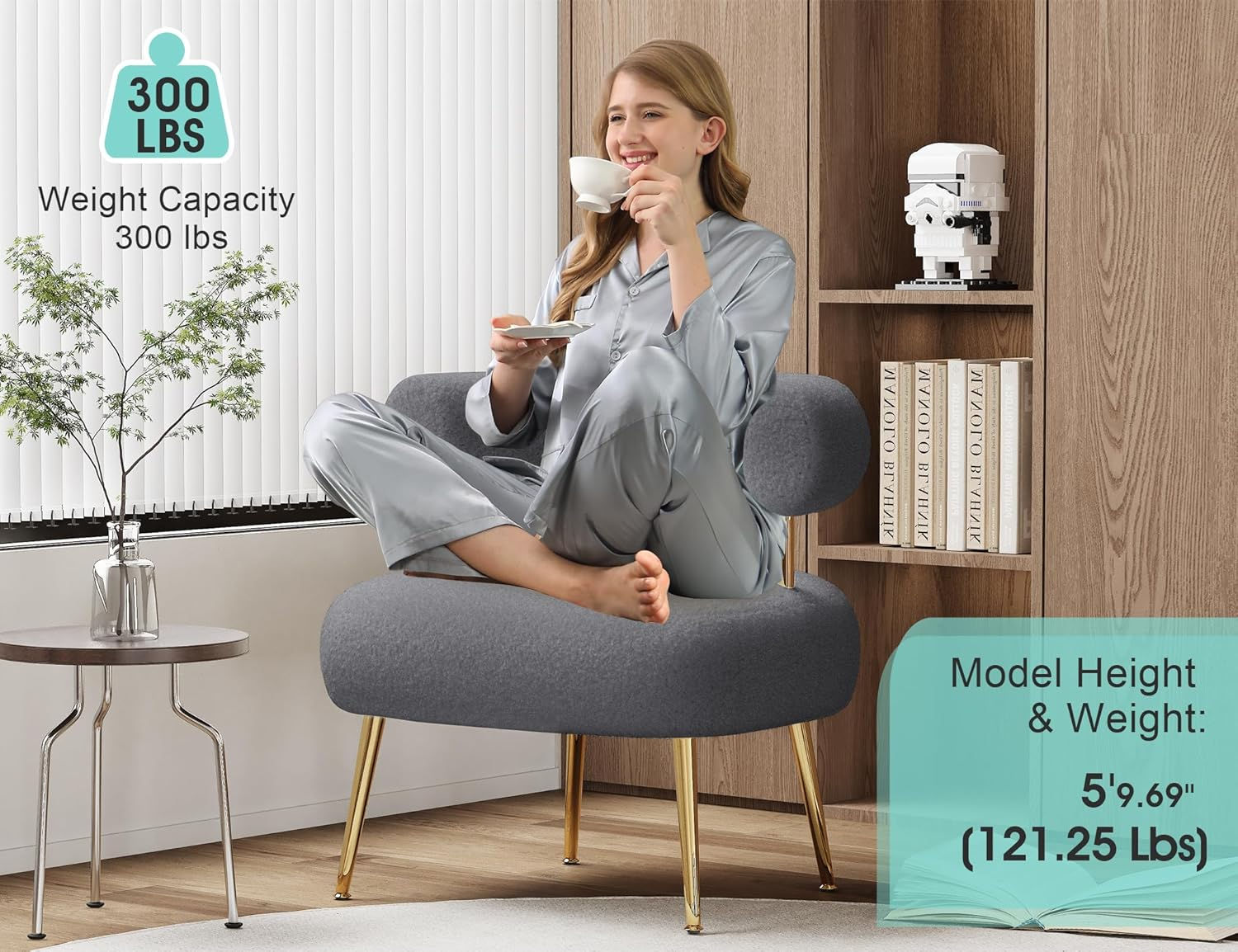 SEYNAR Mid Century Sherpa Boucle Accent Chair, round Upholstered Barrel Arm Chair for Small Spaces, Fluffy Side Corner Sofa Armchair for Living Room, Bedroom, Vanity, Office, Reading Nook(Grey) - Gray image number 3