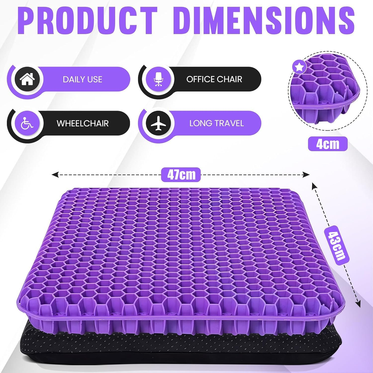 Ronluuu Gel Seat Cushion for Desk Chair & Office Chair, TPE Travel Pillow for Airplanes, Purple Stadium Seat Cushion, Wheelchair & Car Seat Cushion (Gift Ideas) image number 2