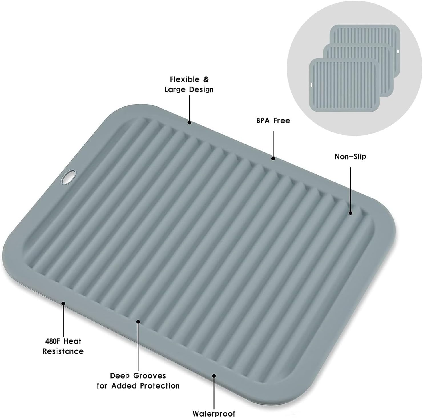 XUTONG 3 Pcs Silicone Pot Holder Silicone Trivet Mats,Silicone Table Mats Hot Pad Mats Pot Holder 30X22 Cm,Non-Slip Rest Table Mats Heat Resistant Pot Coaster Table Countertop Mats Drying Mat (Grey) image number 2