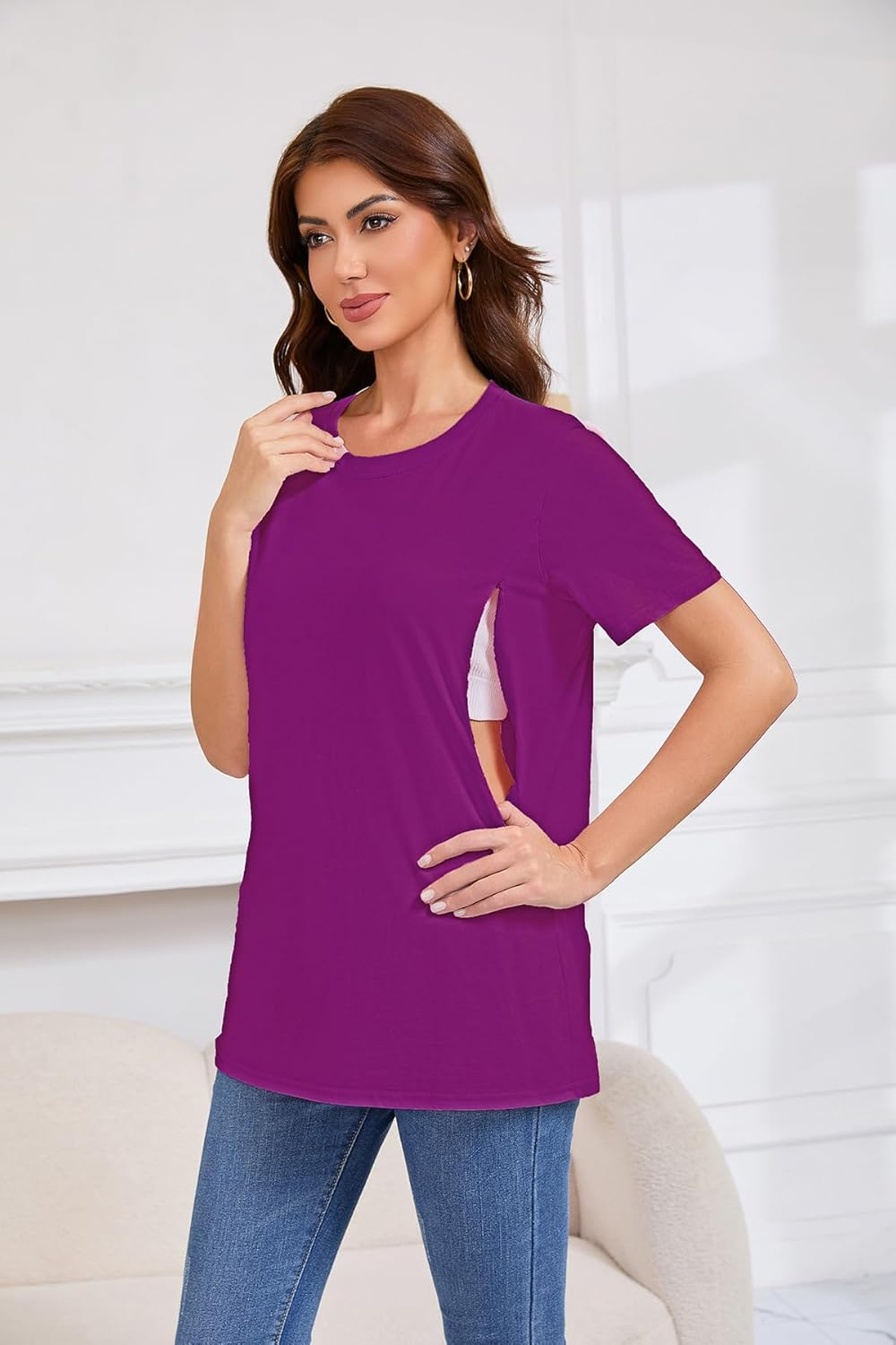 Women Maternity Tops 3 Packs Comfort Breastfeeding Nursing Friendly Zip Tshirt Pregnancy Clothes image number 3