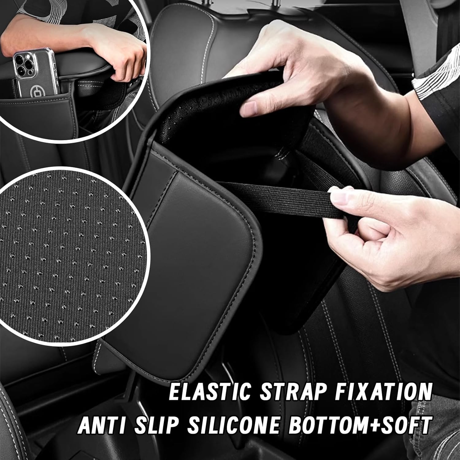 Car Center Console Cover, Leather Comfort Armrest Cover with 2 Storage Bag, Interior Car Accessories Universal Car Arm Rest Cover Pad for Car Decoration and Storage, Fit for Most Vehicle (Black) - Brown image number 6