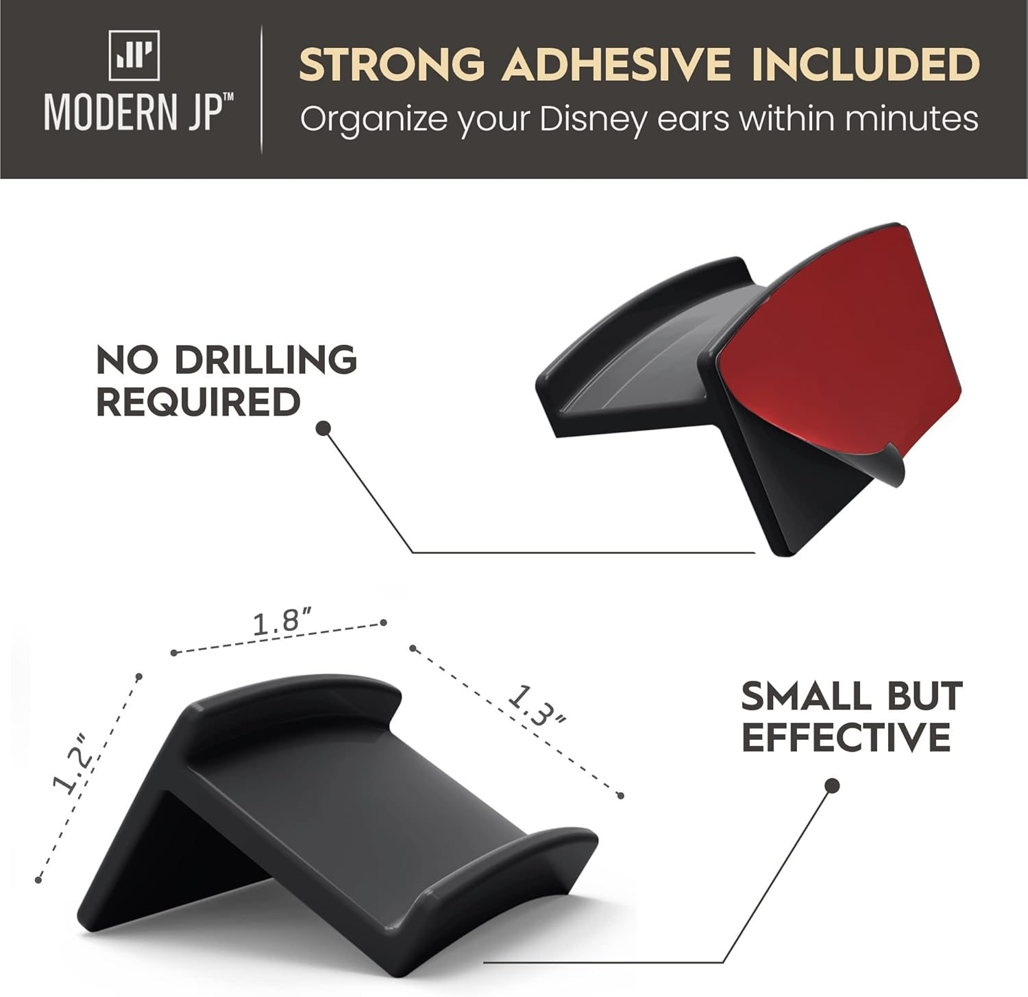 Modern JP Adhesive Hooks for Disney Ears (8-Pack) - Minimalist Disney Ear Holder, No Drilling Headband Holder Design, Strong Hold Headband Organizer - USA Patented, Black - 16, Grey image number 5