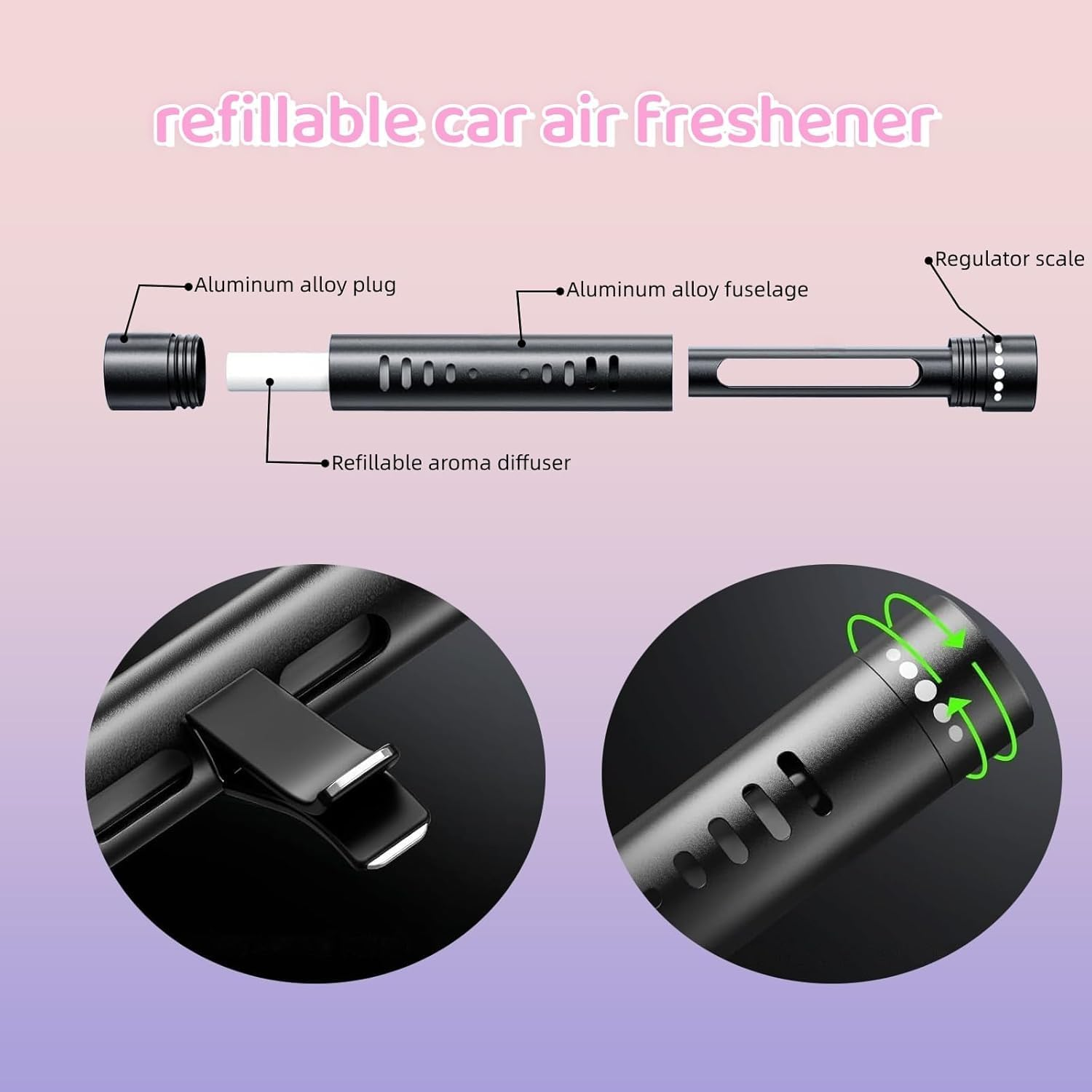 Liyquint 2 Packs Custom Cylindrical Car Vent Clip Essential Oil Diffuser with 12 Refill Sticks - Clip-On Aromatherapy for Car, Office, Home, Bathroom & Pet Houses(Black) image number 1