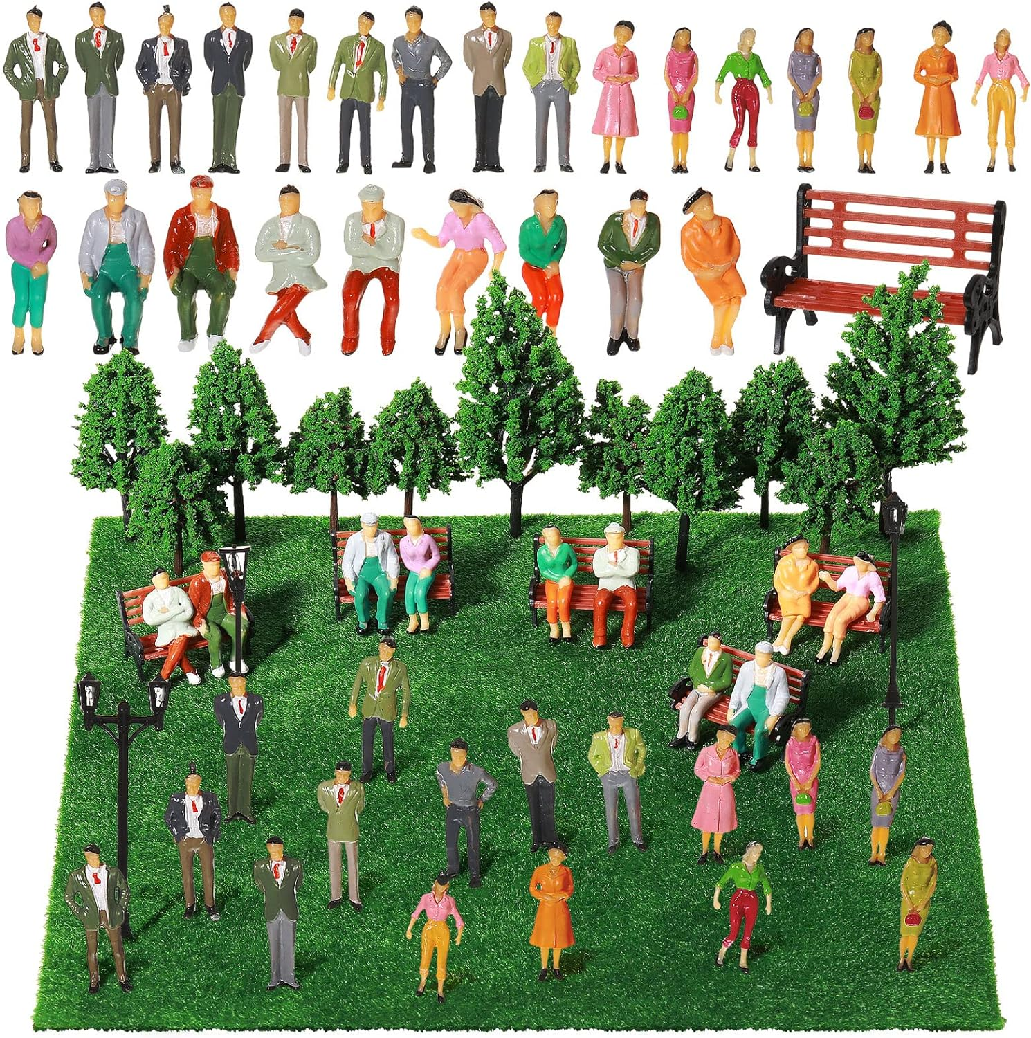 Sratte 55 Pcs 1:30 Scale Model Trains Architectural Scale Painted Figures Set, Include 30 Miniature People 5 Street Lamps 11 Mixed Model Trees 5 Park Street Seat 4 Fake Grass for Miniature Scene image number 1