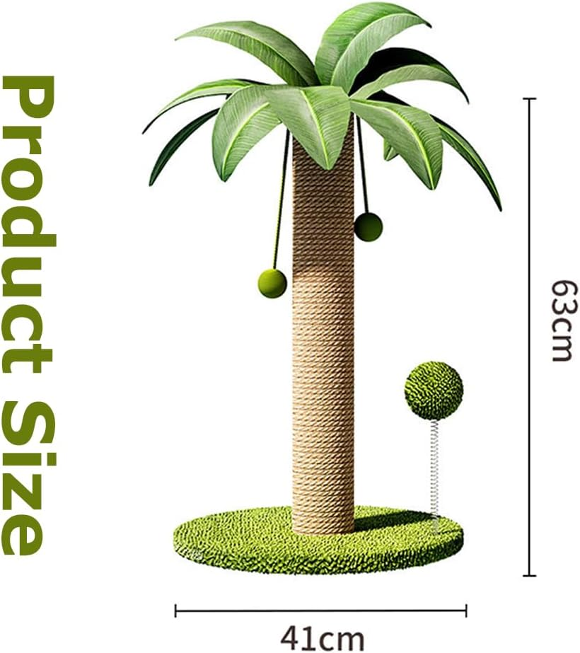 Coconut Tree Cat Scratching Post, Sisal Rope Pussy Pillar, Interactive Mog Tree, Stable Wide Base & Fun Hanging Balls, for All Cats（41X41X63Cm） image number 6