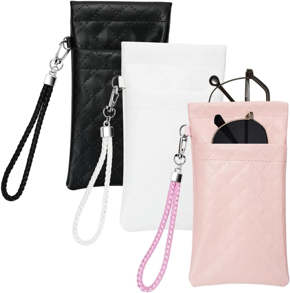 RETON 3 PCS Double Eyeglasses Case with Carrying Strap, Pink Black and White Color Sunglasses Pouch Soft Portable PU Leather Case for Women Men image number 6