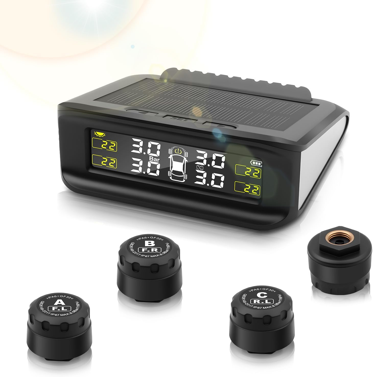 Avutrel TPMS Waterproof Tyre Pressure Monitoring System Wireless Solar Real-Time for Car Caravan SUV RV Trailer Van (0-5 Bar) - 4 External TPMS Sensors with 5 Alarm Modes image number 6