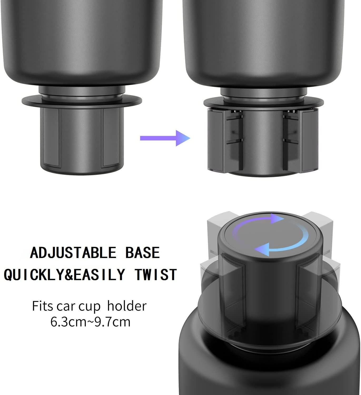 Car Cup Holder Expander with Cell Phone Stand, Adjustable Base - Rubber Tabs Cup Holder Fits Most Bottles and Cup. (Large, Black)