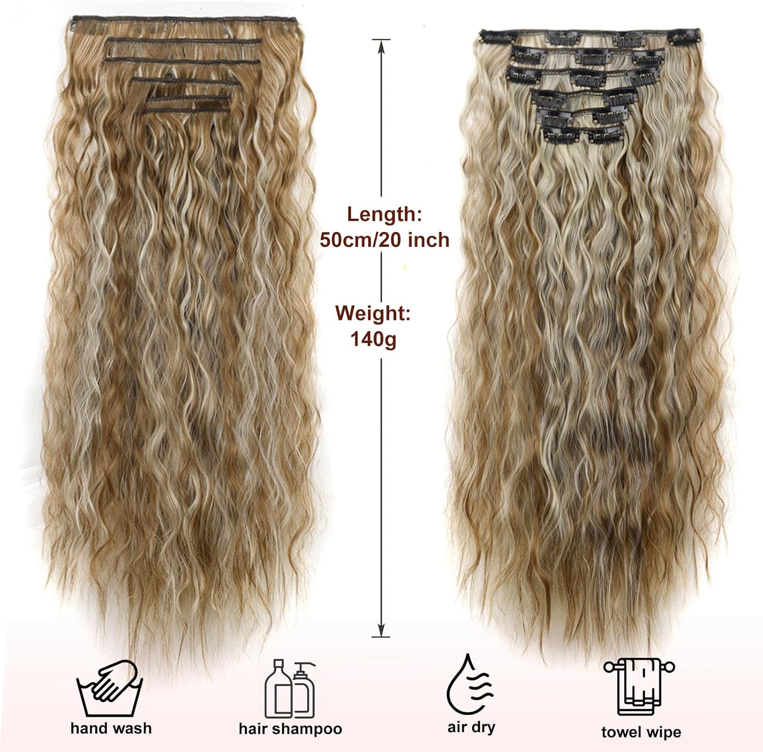 Dcbaboo Hair Extensions Clip in 6PCS 20Inch Curly Wavy Clip in Hair Extension Long Wave Synthetic Fiber Fake Hair Pieces for Women Clip in Extensions Full Head Natural Hairpiece, Light Brown/Blonde - Light Brown / Bleach Blonde image number 3
