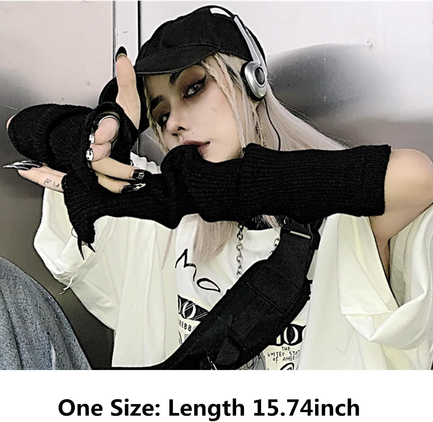 URAWESO Goth Arm Warmers Emo Punk Y2K Arm Sleeves Fingerless Gloves Cosplay Costume - Black01 image number 6