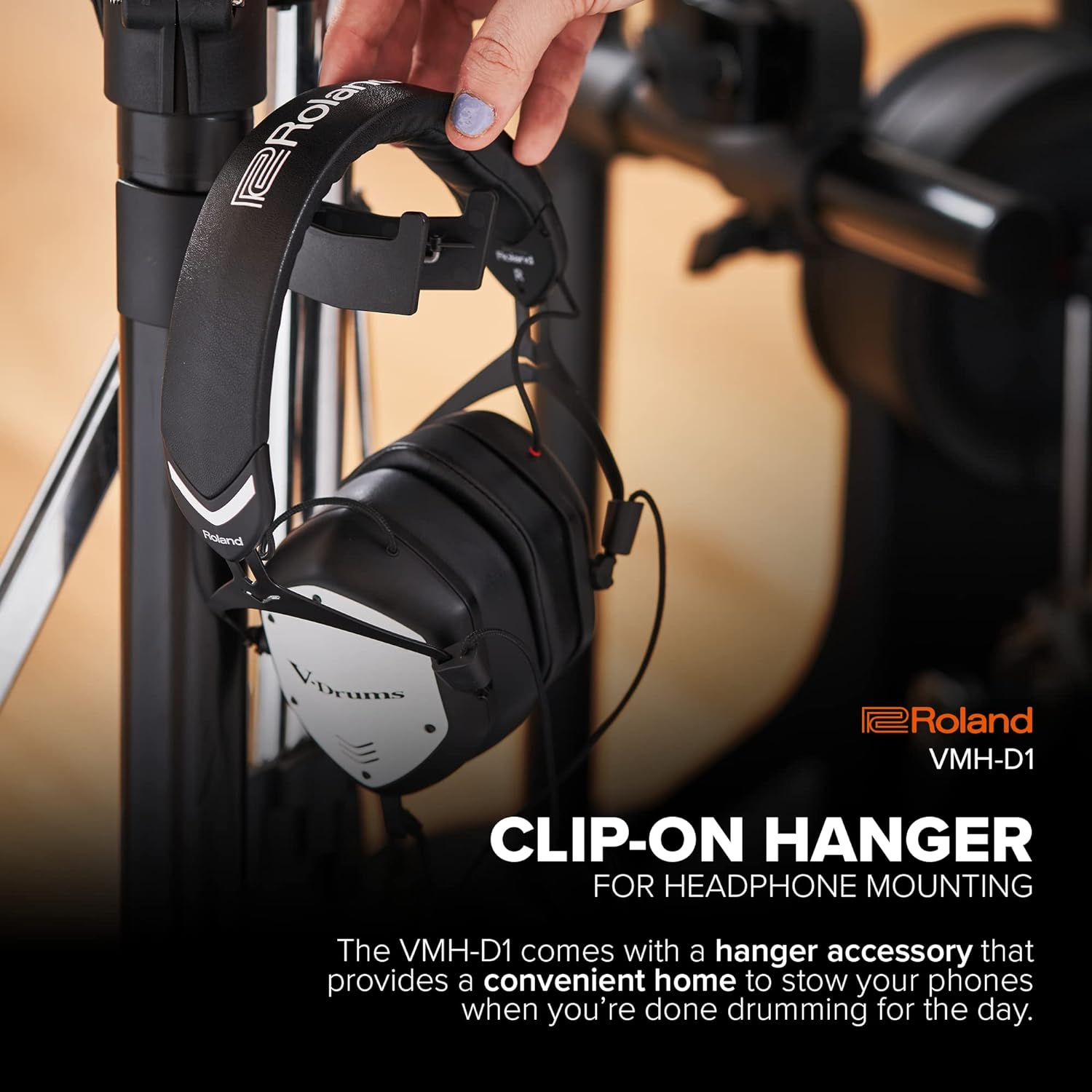 Roland VMH-D1 V-Drums Headphones | Designed by Roland & V-Moda for V-Drums & All Electronic Drum Kits | Immersive Sound | Extended Comfort | Long Cable for Tangle-Free Drumming | Customizable Shields image number 5