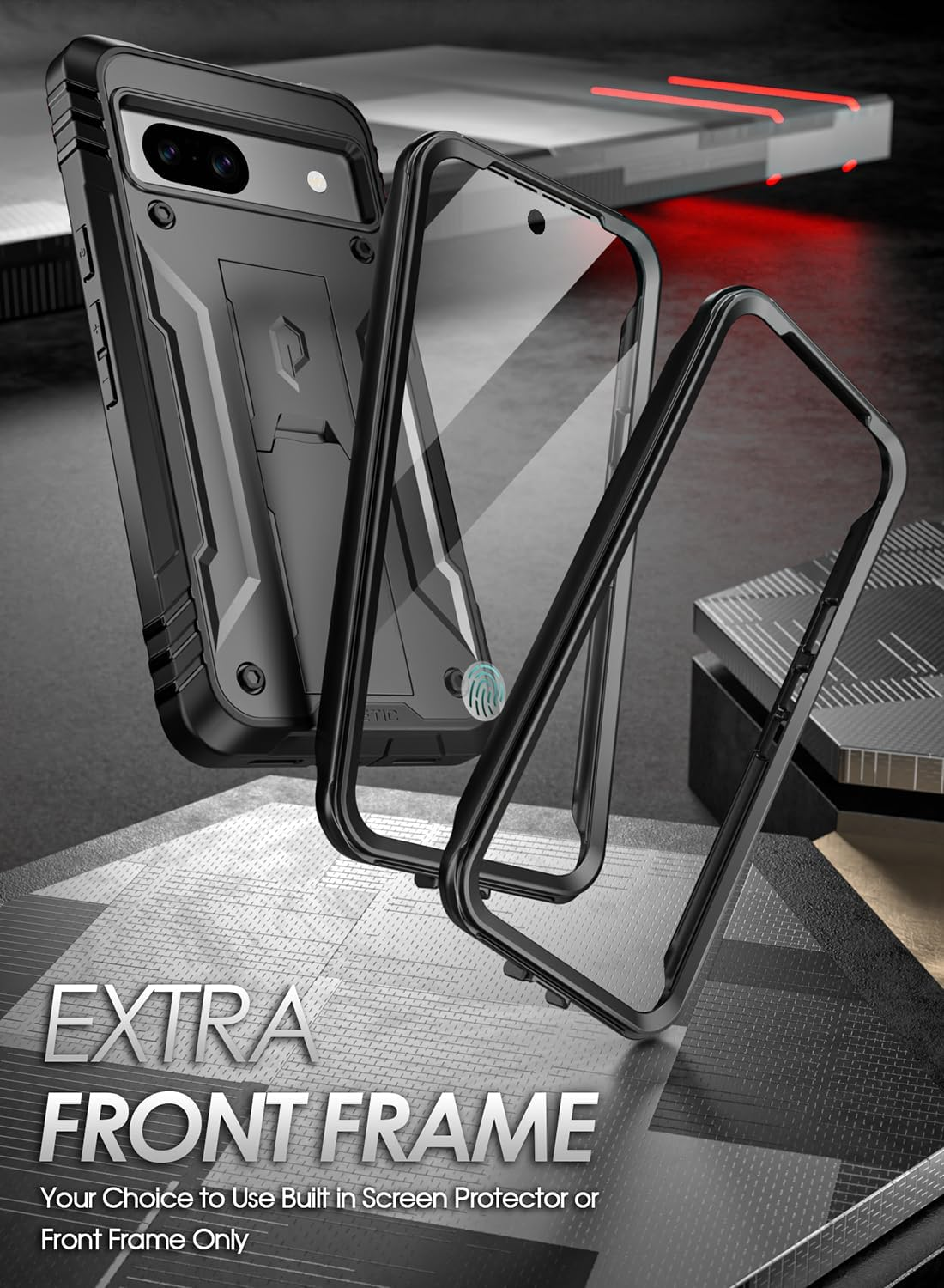 Poetic Revolution Case for Google Pixel 8A 5G, [20FT Mil-Grade Drop Tested],Full Body Rugged Shockproof Protective Cover Case with Kickstand, Built-In Screen Protector Work with Fingerprint ID, Black - Light Blue image number 3