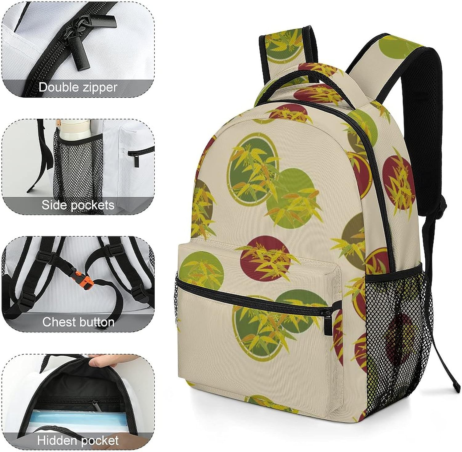 Children'S Backpack Decorative Texture Bamboo Leaves Cute School Backpack for Girls Middle School,Nylon Student Backpacks Bulk,Adjustable Shoulder Waterproof