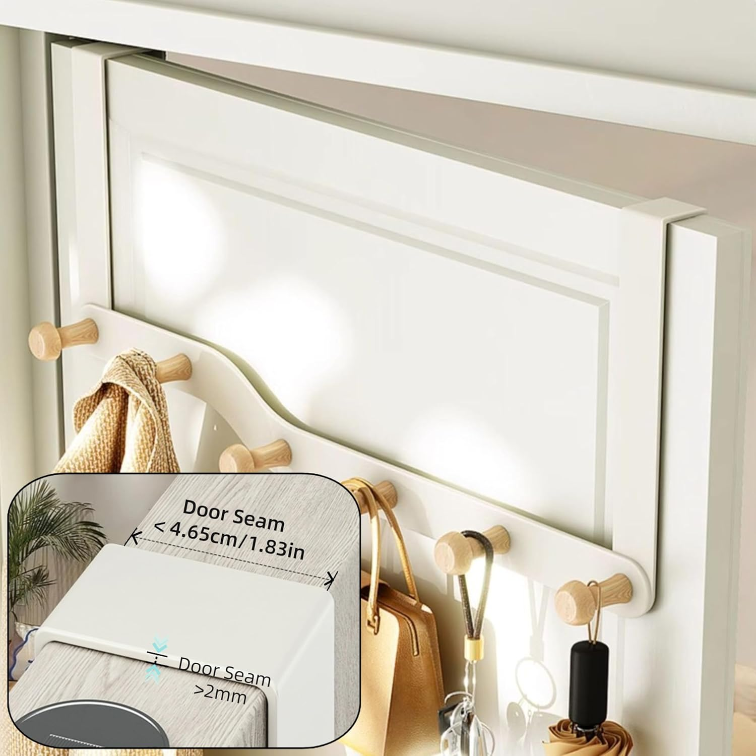 Over the Door Hooks, over Door Coat Hanger，Clothes with 6 Wooden Door Hooks,Door Hooks for Entrance Doors, behind Bedroom Doors, to Hang Clothes, Towels, Hats, Etc.(Cream White) - Premium Grey image number 7