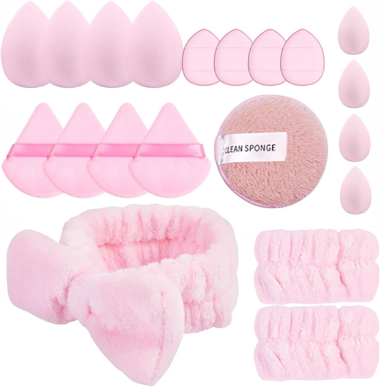 BEANPRECOY Powder Puff and Makeup Sponges Set Reusable Face Makeup Sponge with Strap Wet/Dry Use for Foundation & Powder Fluffy Bow Headband & Absorbent Wristband Used for Washing Face and Skincare