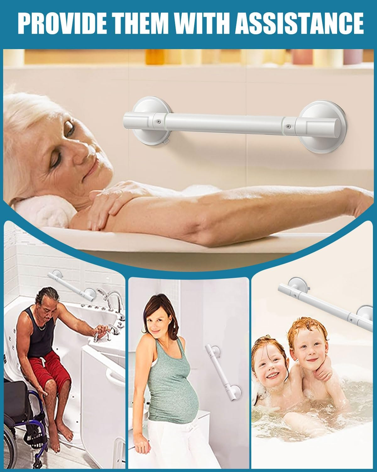 Grab Bars for Bathtubs & Showers - 2 Pack Grab Bar Strong Suction for Seniors and Elderly, Removable Bathroom Shower Handle 45CM / 17.72Inch, Heavy Duty Safety Grip Handrails, No Drilling image number 4