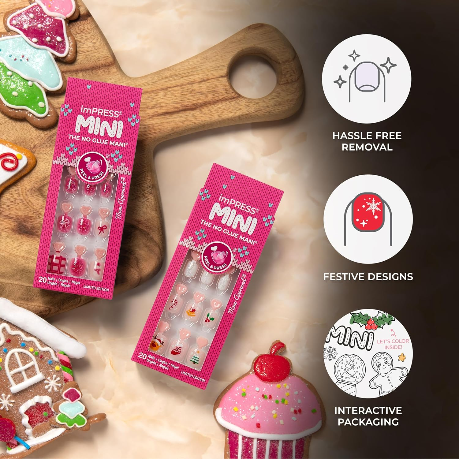 KISS Impress Mini Holiday Press on Nails for Kids, &lsquo;Snow Angel&rsquo;, Red, Child Size, Squoval Shaped, Mess-Free, Mom Approved, Non-Toxic, Breakaway Application Tabs, Nail File, 20 Fake Nails image number 3