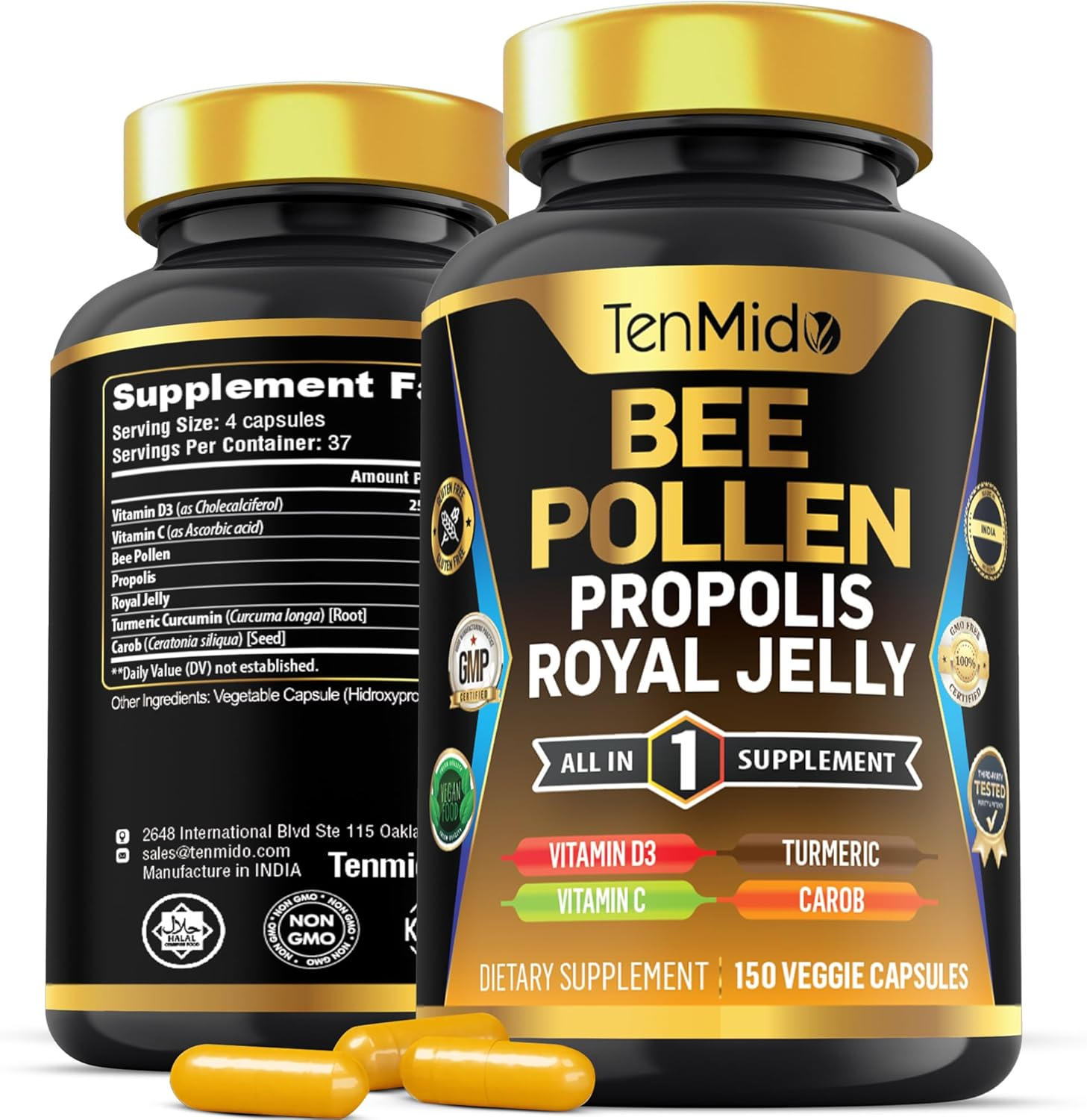 Bee Pollen Capsules for Men and Women, 7In1 Formula with Propolis, Royal Jelly, Turmeric, Carob & More -150 Capsules image number 4