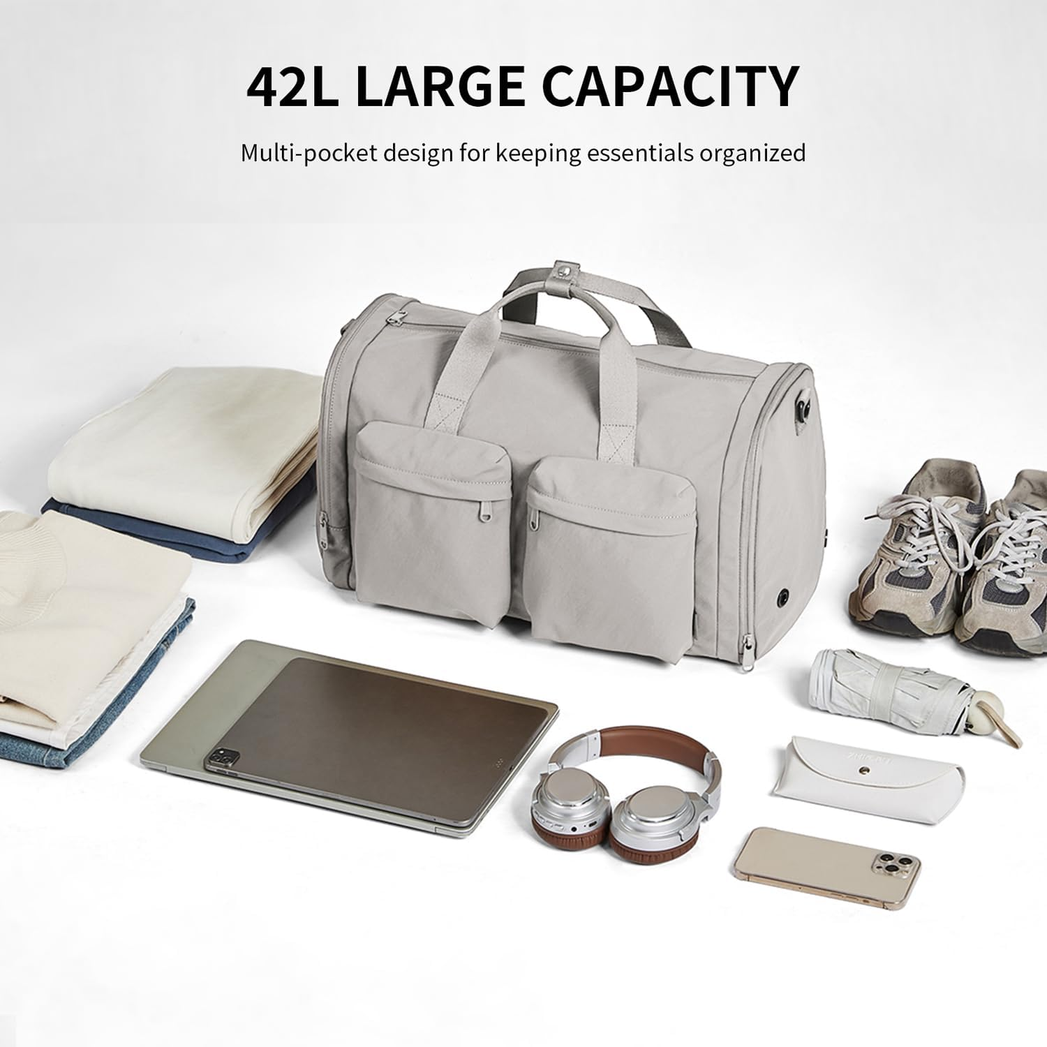 AJI Gym Bag for Women Men with Shoes Compartment, 3 in 1 Carry on Travel Duffel Bags with Trolley Sleeve, Water Resistant Gym Duffel Bag for Travel, Sports, Fitness & Workout (Elegant Gray) image number 1