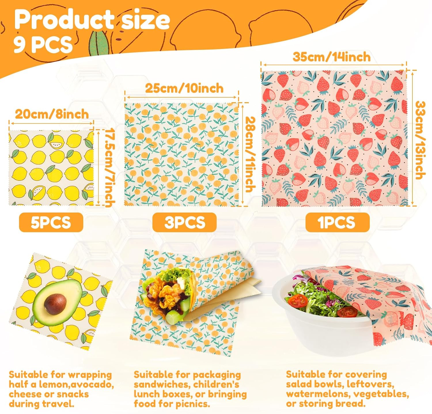 9 Pcs Beeswax Food Wraps, Reusable Beeswax Wraps for Food Safe Easy to Use Flower Patterns Beeswax Paper Washable Beeswax Wraps Sustainable Organic Cotton Food Wraps for Food Storage (Style A) - Style A image number 4
