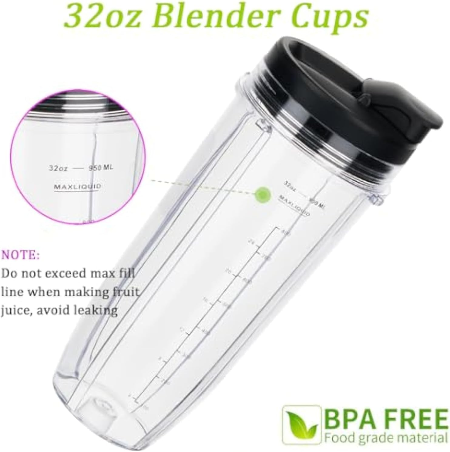 Replacement Blender Cup 32Oz with Sip & Seal Lid for Nutri Ninja BL450 BL456 BL480 BL482 BL640 BL642 BL682 BN401 BN751 BN801 Foodi SS101 SS151 SS351 SS401 SS400 Ninja Auto IQ Blade, 2-Pack (32OZ) image number 5