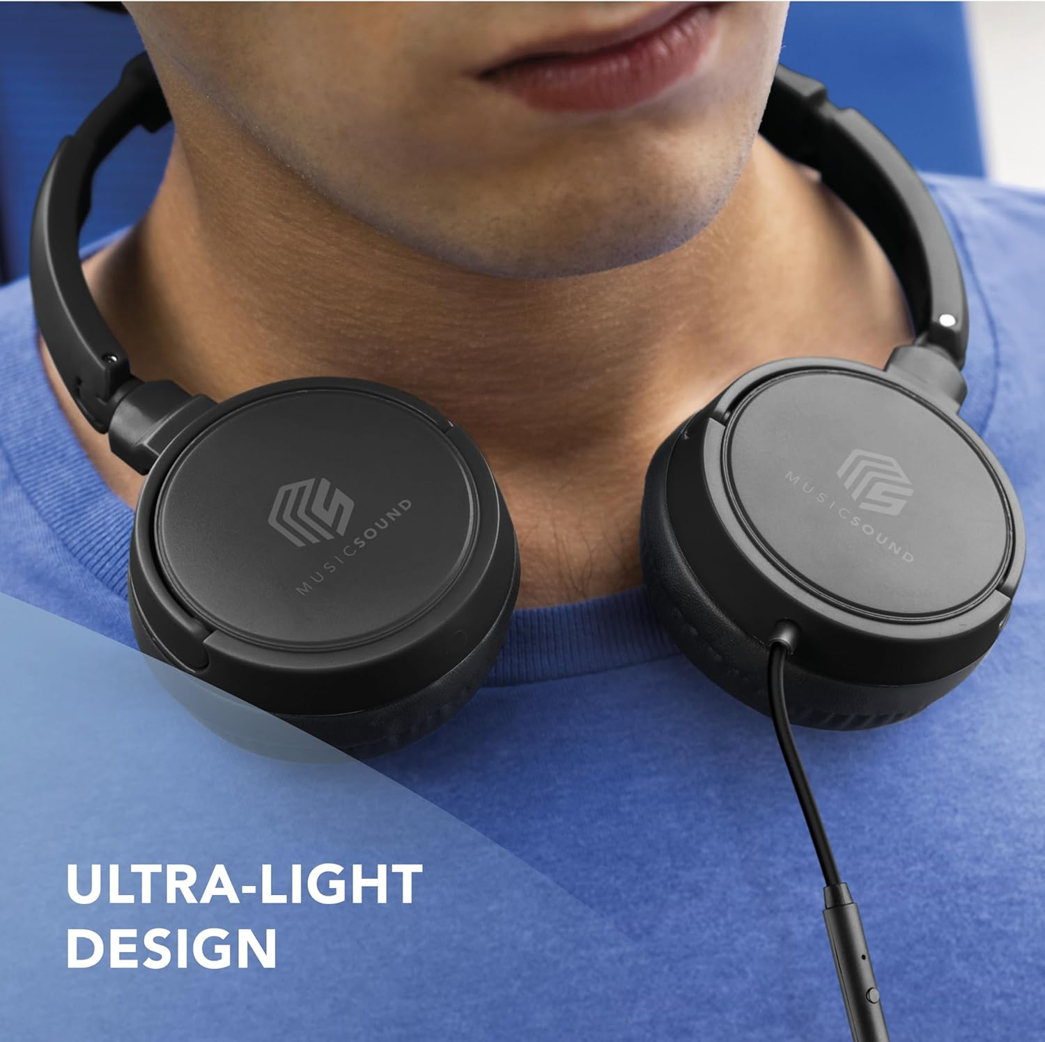 Music Sound over Ear Headphones | on Ear Headphones Foldable Headband with 1.2 M Anti-Tangle Cable and Built-In Microphone - 3.5 Mm Jack Connector - Black image number 6