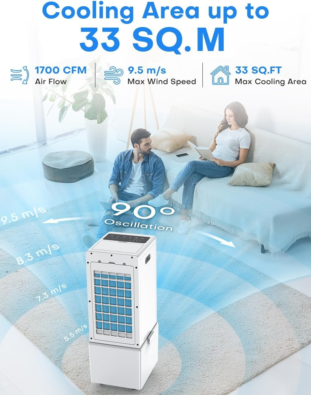 Evaporative Air Conditioner, 4-IN-1 Air Cooler Fan W/12L Tank for 24H Cooling, 4 Speeds & 4 Modes, LED Display, Waterless Alert System & 12H Timer, Remote, Portable Air Conditioner for Room