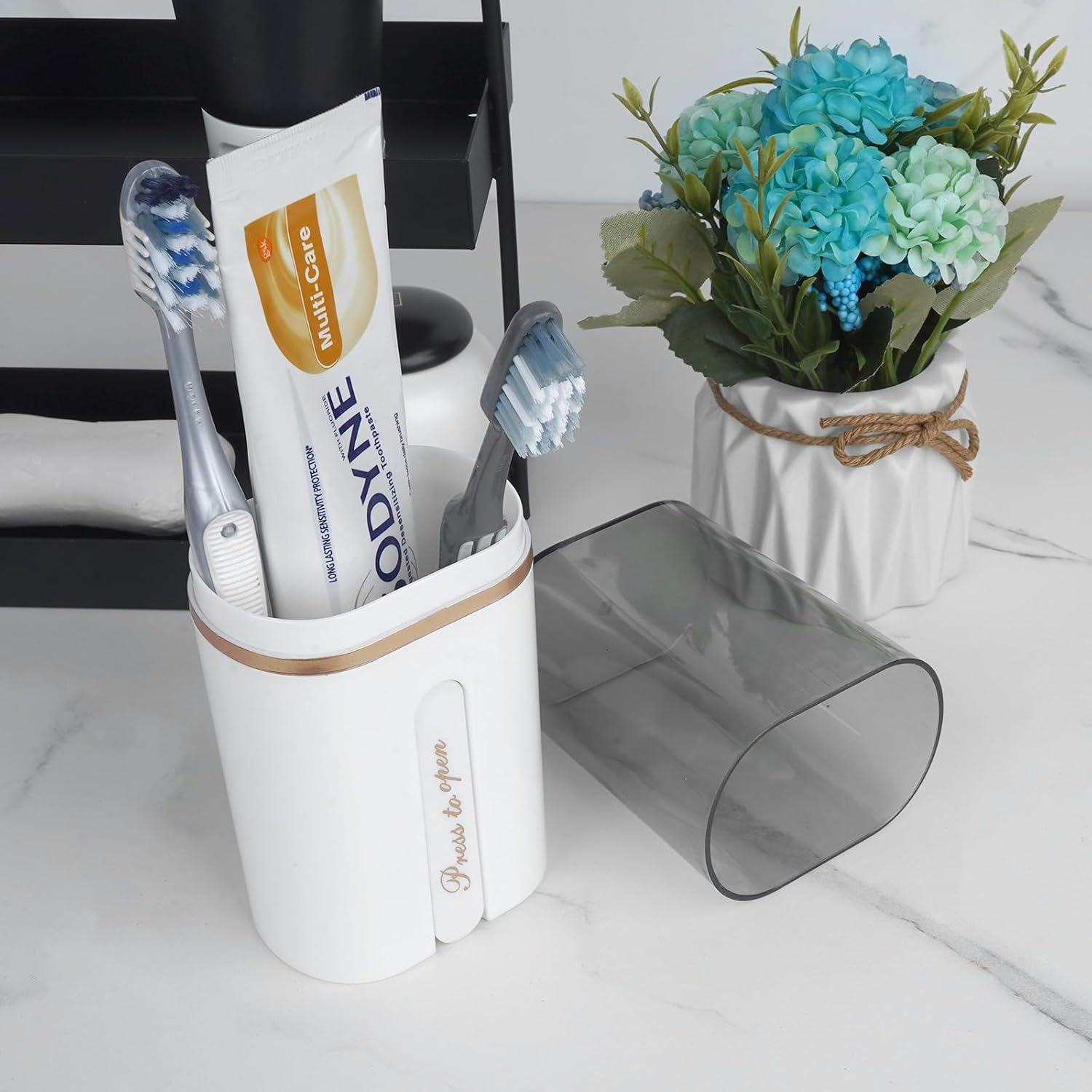 Toothbrush Travel Case, Portable Toothbrush Toothpaste Container with Mouthwash Cup, Wall Mounted Toobrushbrush Holder for Bathroom, Camping, Gym (White) - Green image number 5