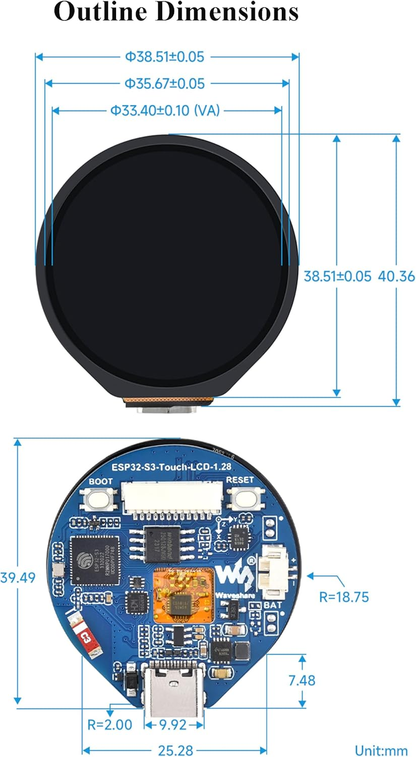 ESP32-S3 Development Board with 1.28Inch round Touch LCD 240&times;240 Pixel 65K RGB Color, 32-Bit LX7 Dual-Core Processor with 6-Axis Sensor, Support 2.4Ghz W-I-F-I (802.11 B/G/N) and Blue-Tooth 5 image number 4