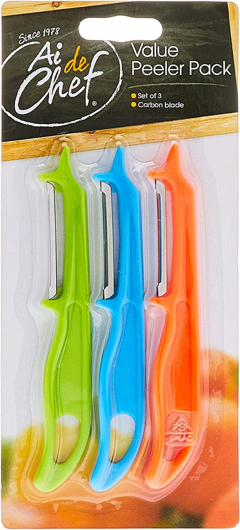 Ai-De-Chef Vegetable Peelers &ndash; 3-Piece Multicoloured Set with Extra-Sharp Blades, Comfortable Non-Slip Handles and Easy-Hang Storage for Effortless Fruit and Vegetable Peeling
