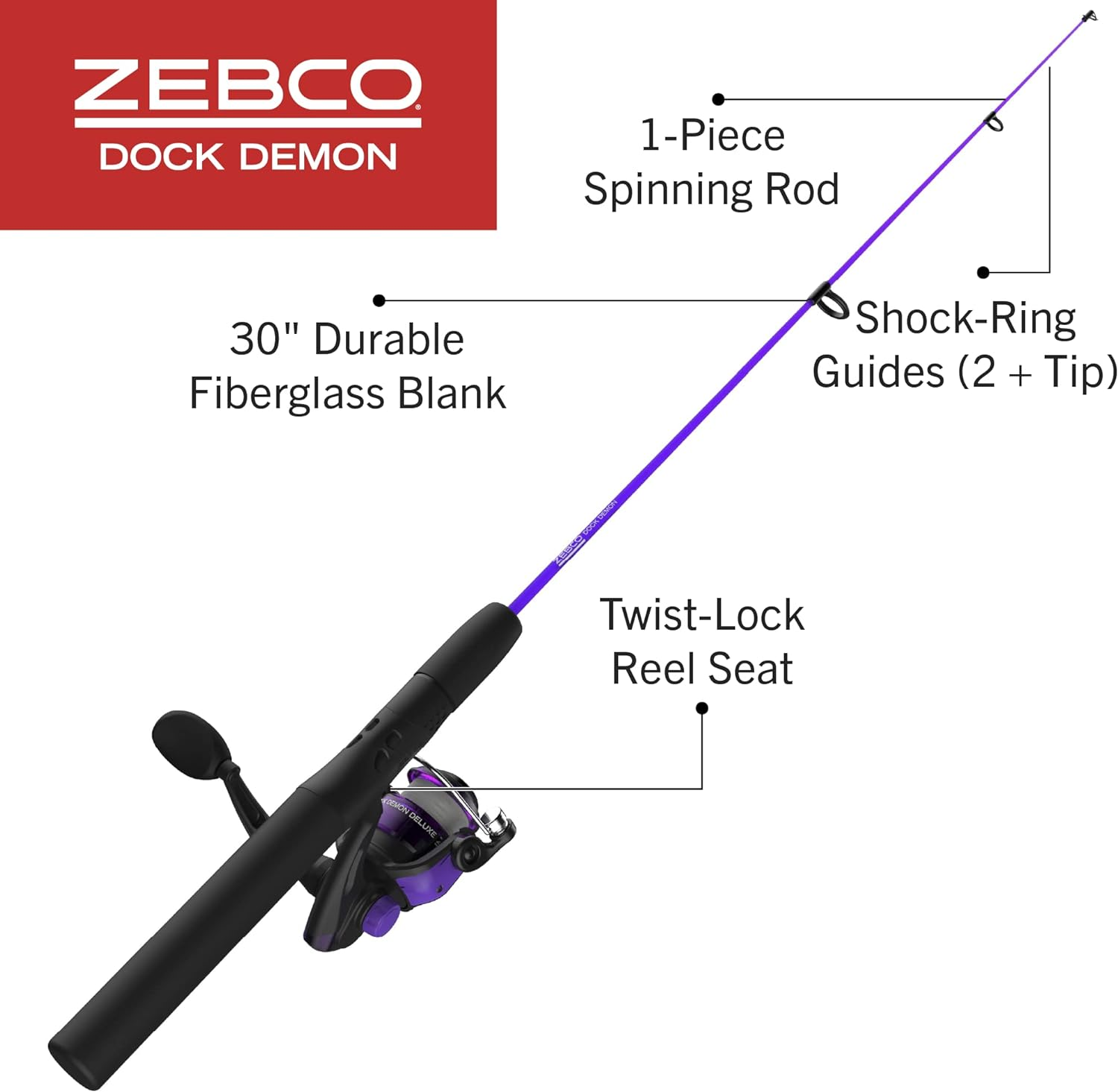Zebco Dock Demon Spinning Reel or Spincast Reel and Fishing Rod Combo, 30-Inch Durable Fiberglass Rod, Quickset Anti-Reverse Fishing Reel image number 1