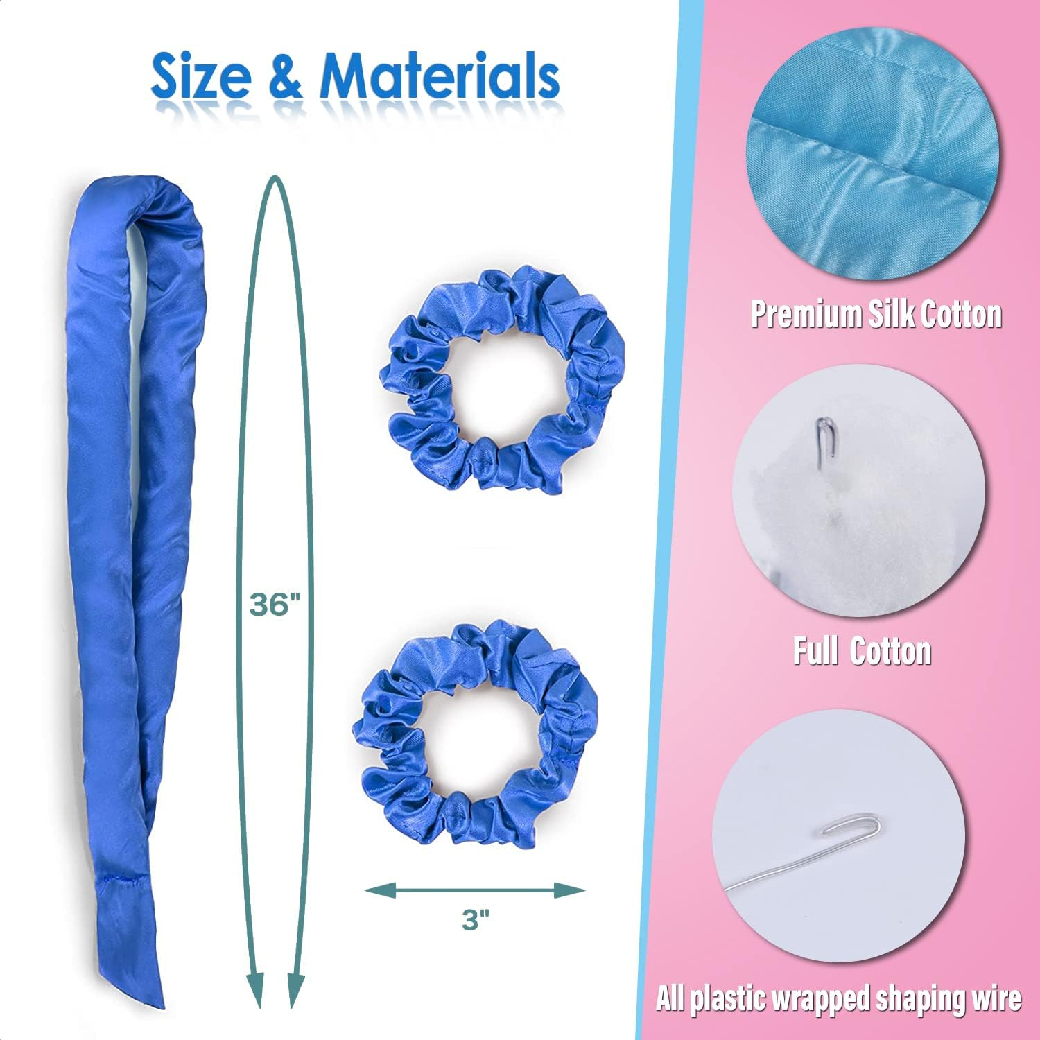 Satin Heatless Curler Set, Soft No-Damage Pearl Cotton Curling Rod Headband for Long Hair, Overnight Styling Tool with 2 Hair Loops DIY Rollers (Blue)