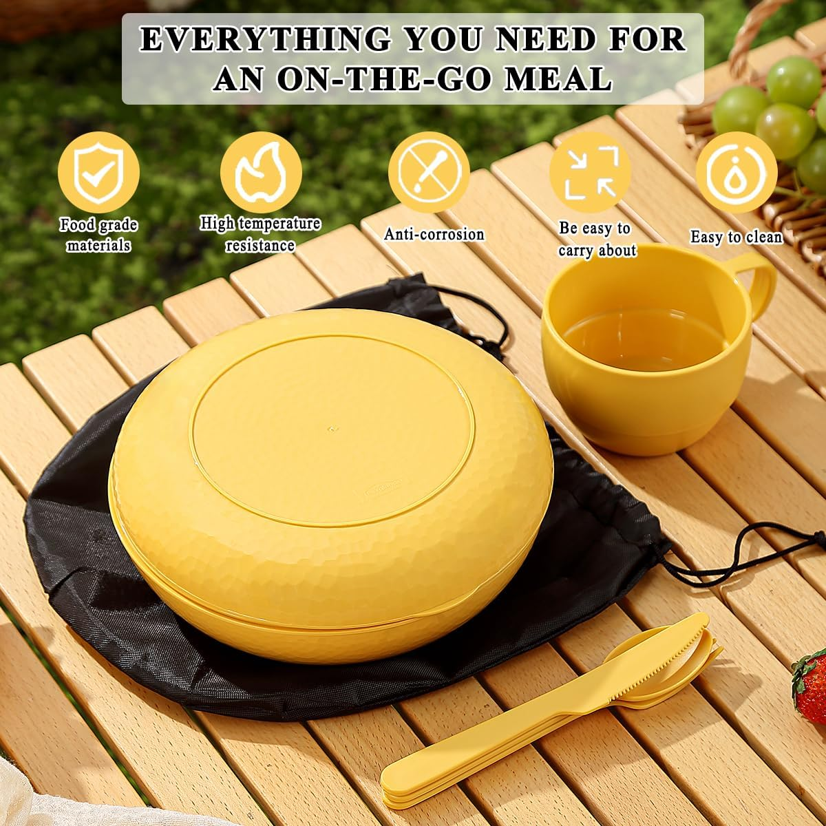 Berglander Camping Mess Kit with Bowl, Plate, Cup, Spoon, Fork, Knife and Carry Bag, save Space, Easy to Carry, Plastic Camping Essentials Utensils for Travel, Picnic, Outdoor (Gold Yellow) - 1.Gold Yellow image number 4