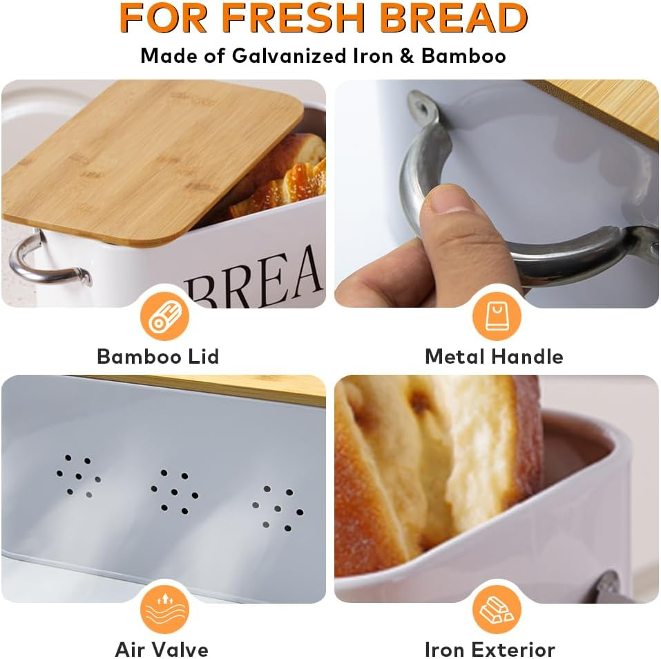 Bread Box with SUS304 Food Tong,Metal Bread Container with Air Valve&Bamboo Cutting Lid,Bread Bin with Metal Handles for Food Storage (White) image number 5