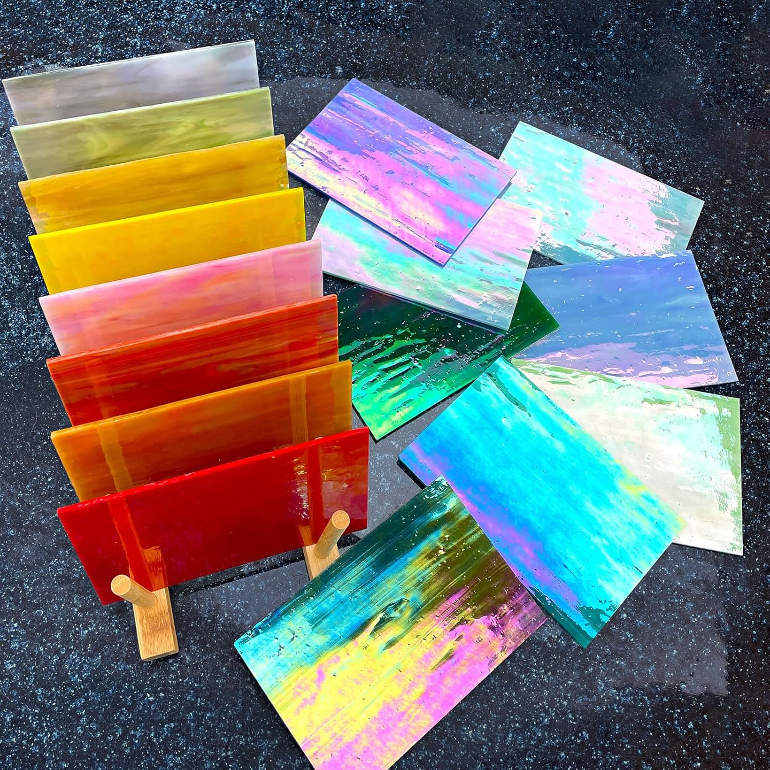 LITMIND 16 Vibrant Iridescent Stained Glass Sheets Variety Pack - 6 X 4 Inch Cathedral Art Glass, Ideal for Mosaic Crafts & Supplies, Unleash Creativity with Stunning Stained Glass Projects image number 1