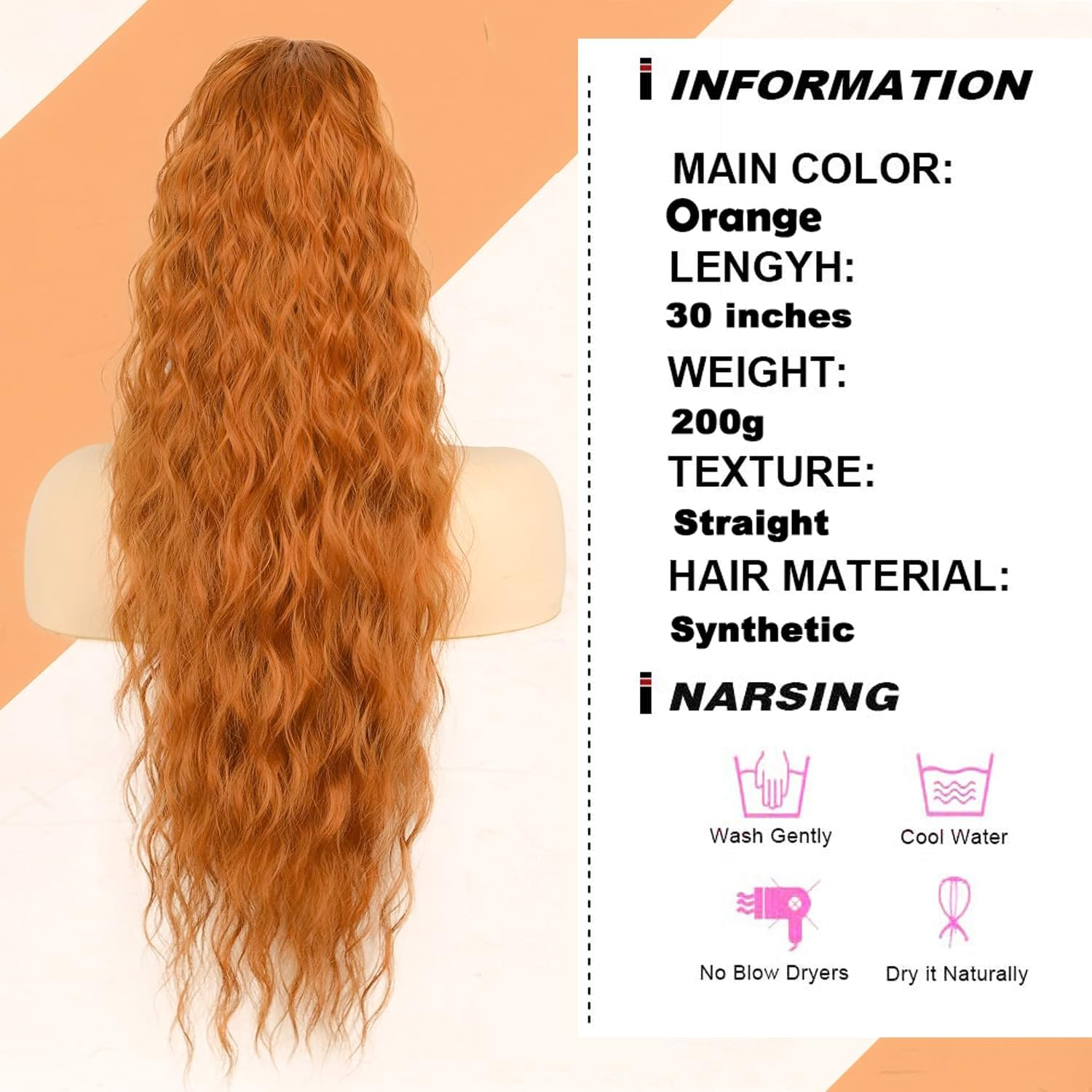 PORSMEER Ponytail Hairpiece Long 75 Cm with Drawstring Wavy Curls Ponytail Extension Ginger Orange Natural Clip-In Hairpiece Ponytail Hair Braid for Women Afro Braid Hair Extensions image number 3