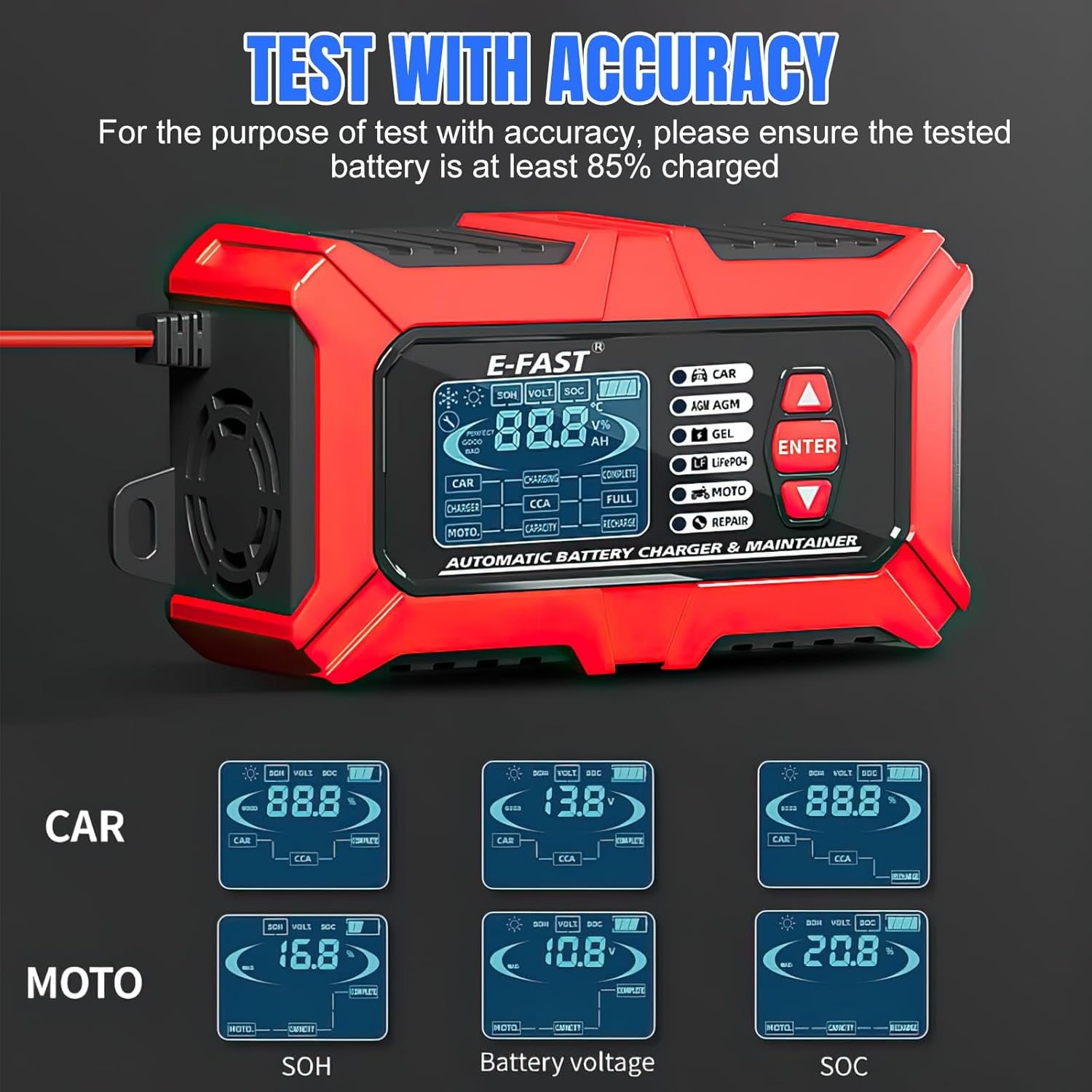 B-Qtech 12V/6A Smart Automatic Battery Charger with Tester/Maintainer Function, LCD Display for Car, Truck, Motorcycle, Lawn Mower, Boat, RV, SUV, ATV image number 5