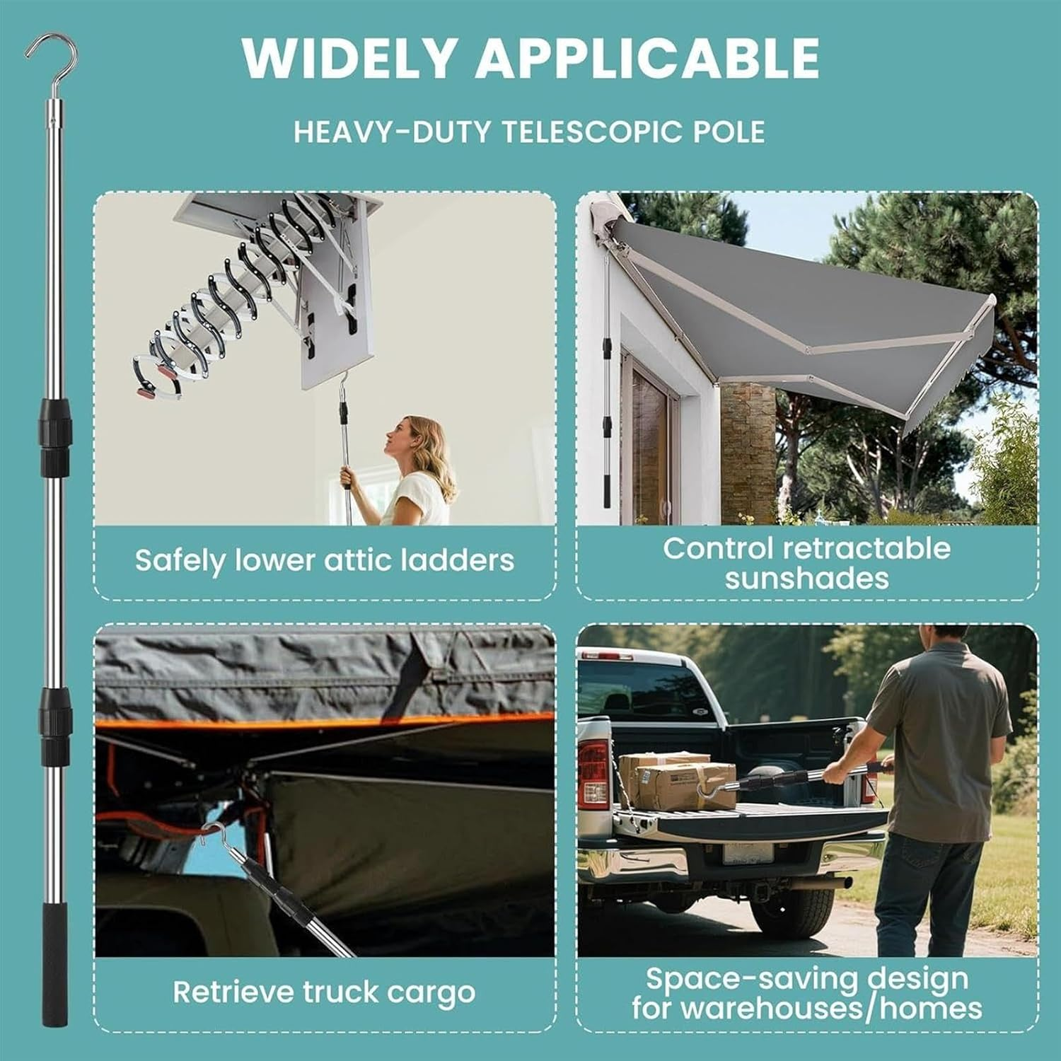 Attic Hook and Pull - Attic Pull down System Telescopic Handle - Adjustable Heavy Duty Ladders Release Tool for Canopy Cargo Garage Window Awning Curtains image number 3