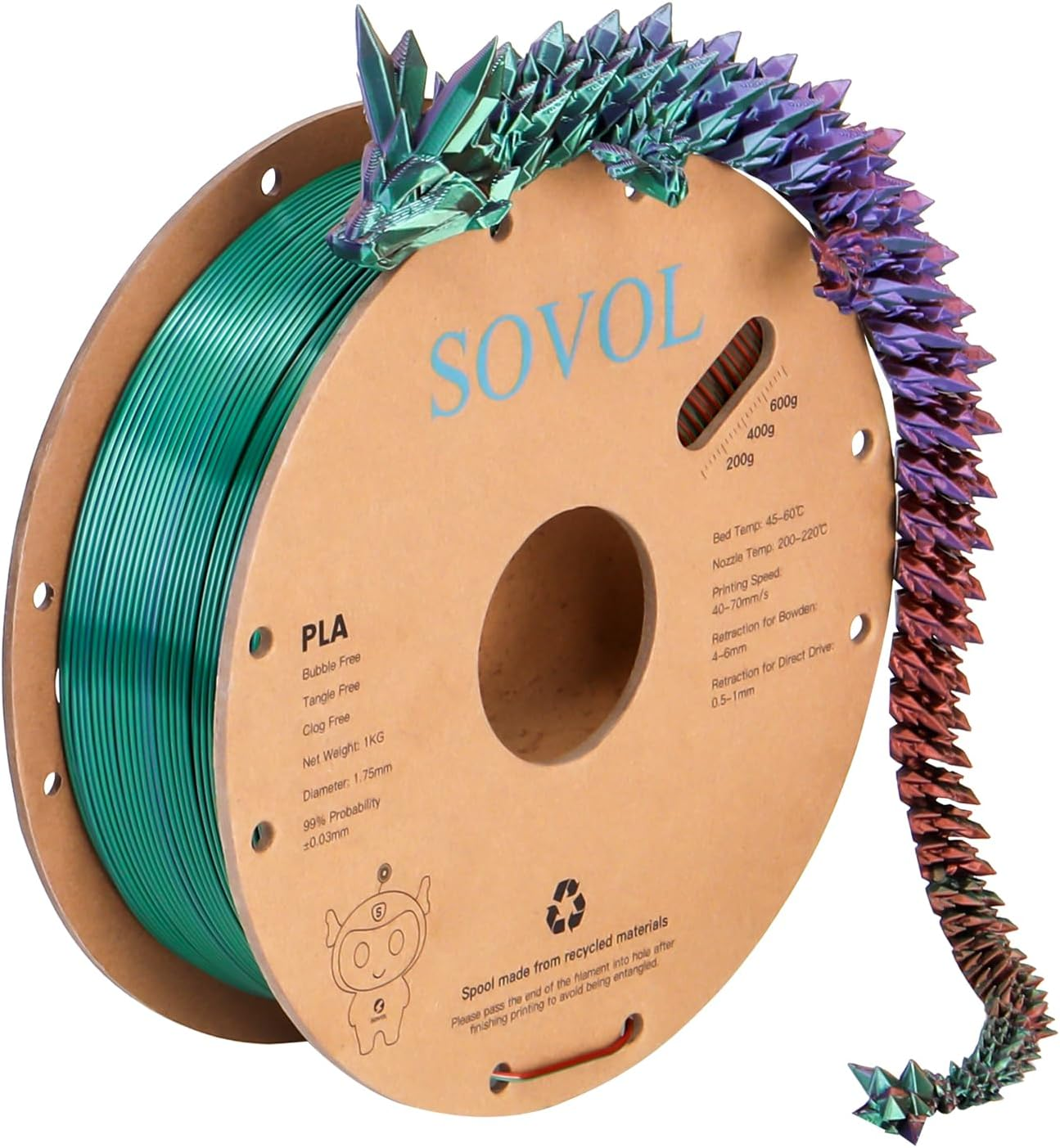 Sovol Silk PLA Filament 1.75Mm, Tri Color Bronze Purple Green Co-Extrusion Material Dimensional Accuracy +/-0.03Mm, 1Kg/2.2Lbs image number 2