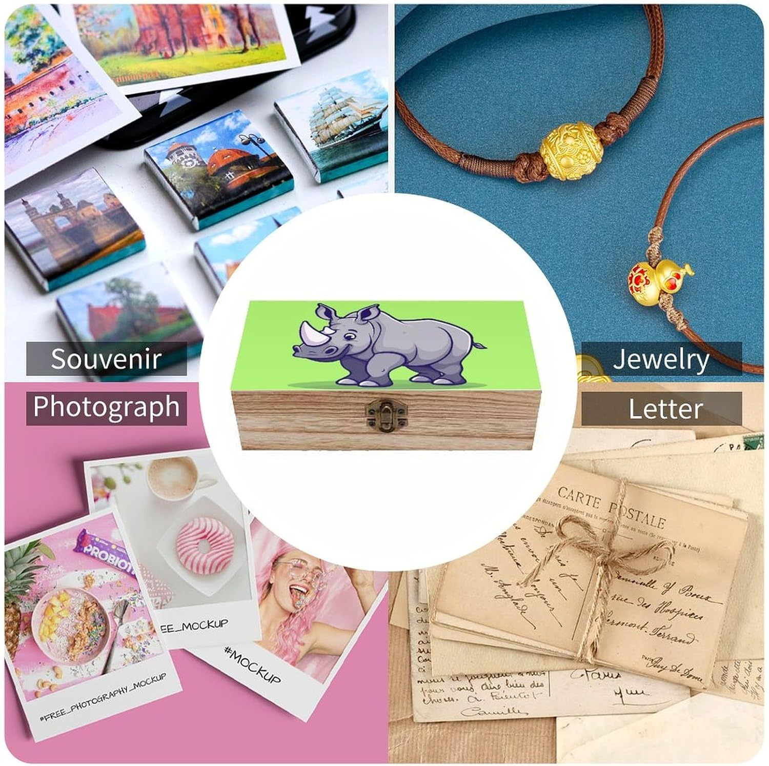 Happy Rhino Wooden Box Wood Wedding Keepsake Boxes with Lids Small Decorative Boxes Lightweight Wooden Memory Storage Box for Crafts Keepsakes Jewelry Photo Letter Storage