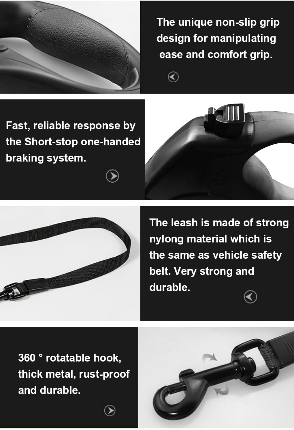 8M Retractable Dog Leash, Hands Free Long Dog Lead,Heavy Duty Dog Walking Leash for Dog, Cat up to 40 Kg, 360&deg; Tangle-Free Strong Nylon Tape, Anti-Slip Handle, Brake,Pause,Lock Black - Grey image number 4