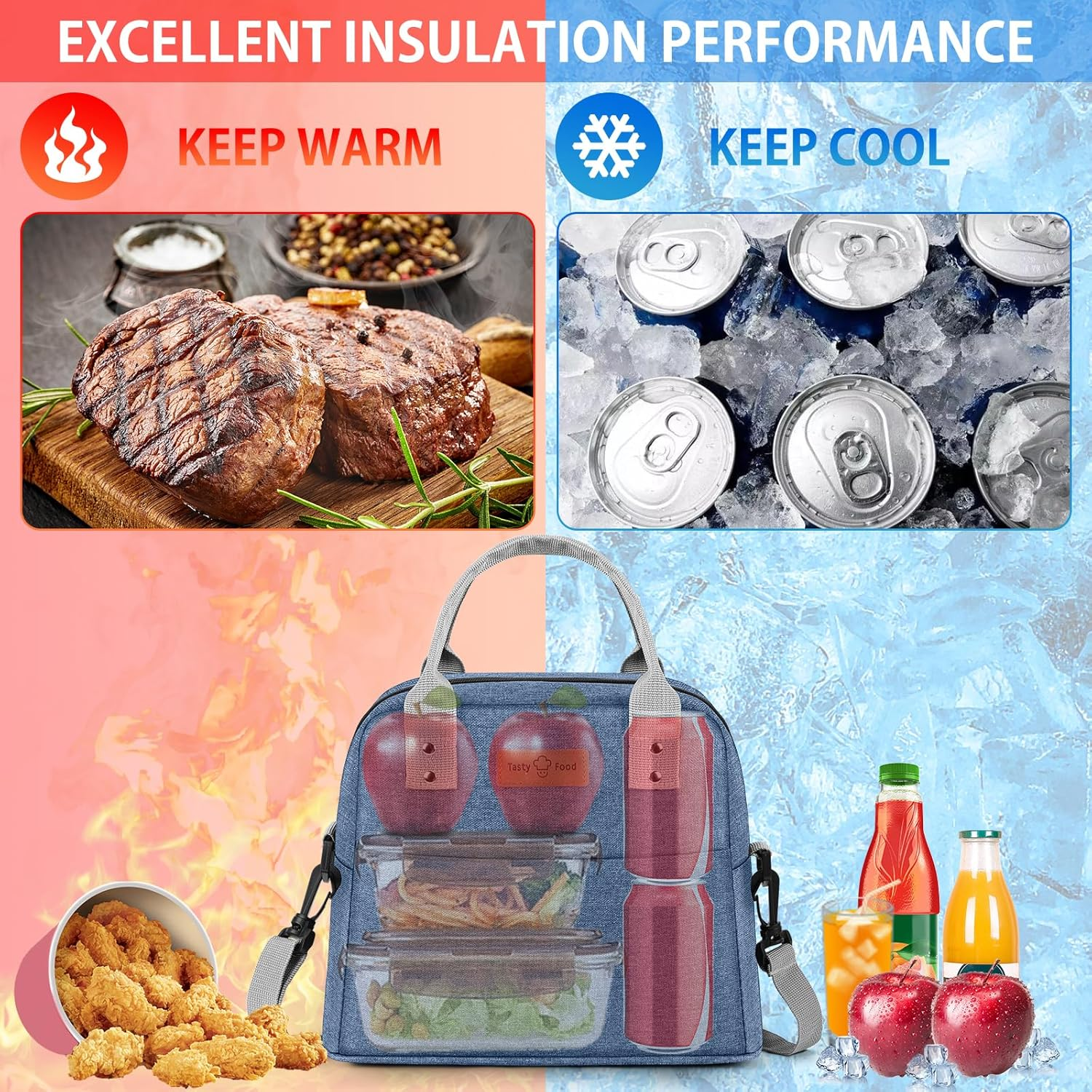 Lunch Bag Insulated Lunch Tote Bag with Adjustable Strap Reusable Lunch Box for Women/Men/Kids Leakproof Lunch Bags Portable Thermal Cooler Bag for Work School Picnic, Blue image number 3