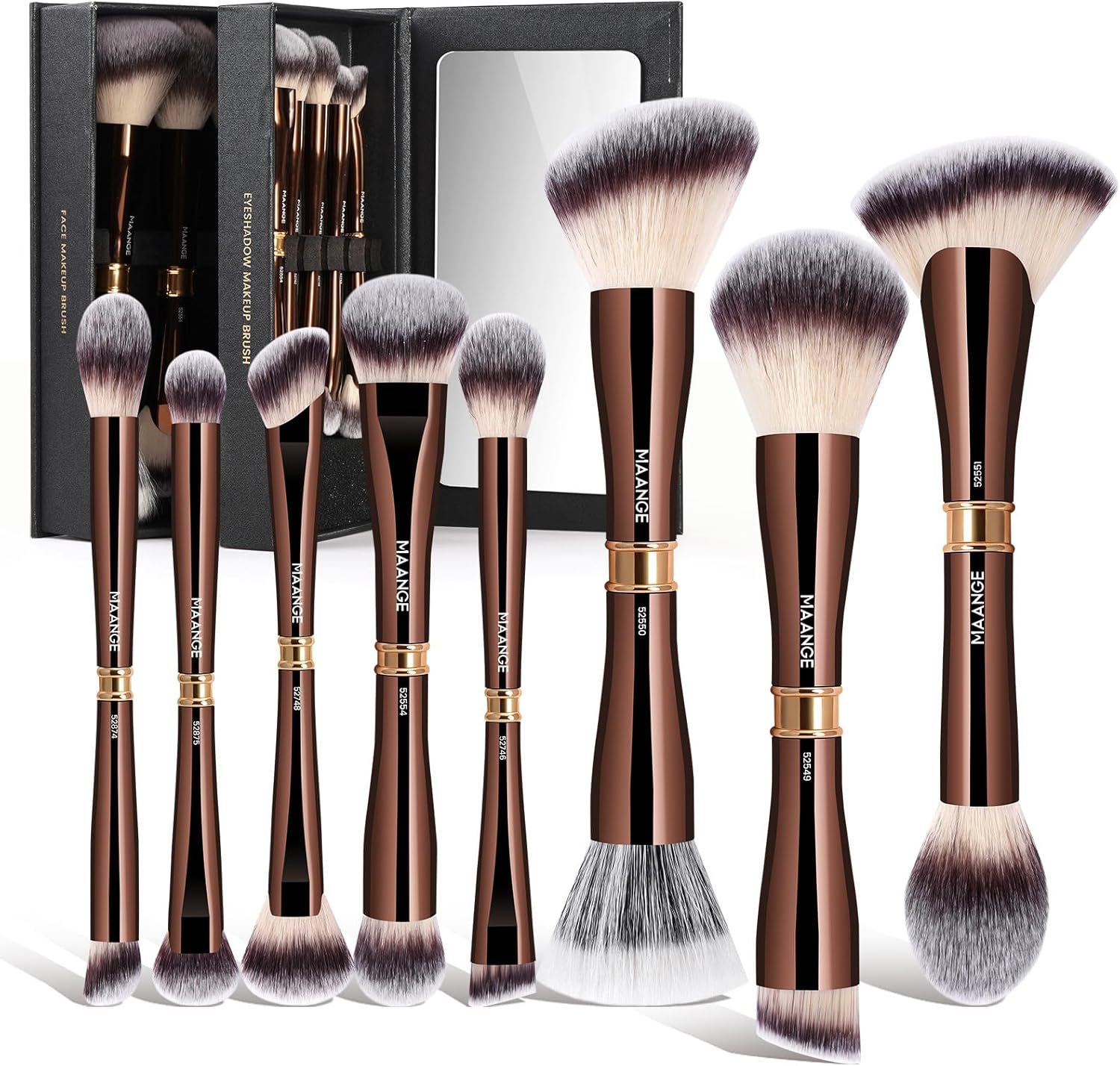 MAANGE Luxury 5 Piece Coffee Gold Makeup Brush Set - Dual Ended Professional Foundation & Eyeshadow Brush with Travel Bag | Premium Gift for Women